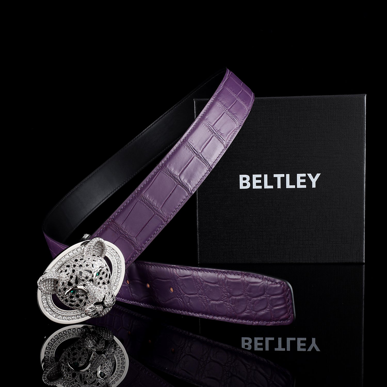 BELTLEY Unique 3D Leopard Buckle Purple Crocodile Leather Belt