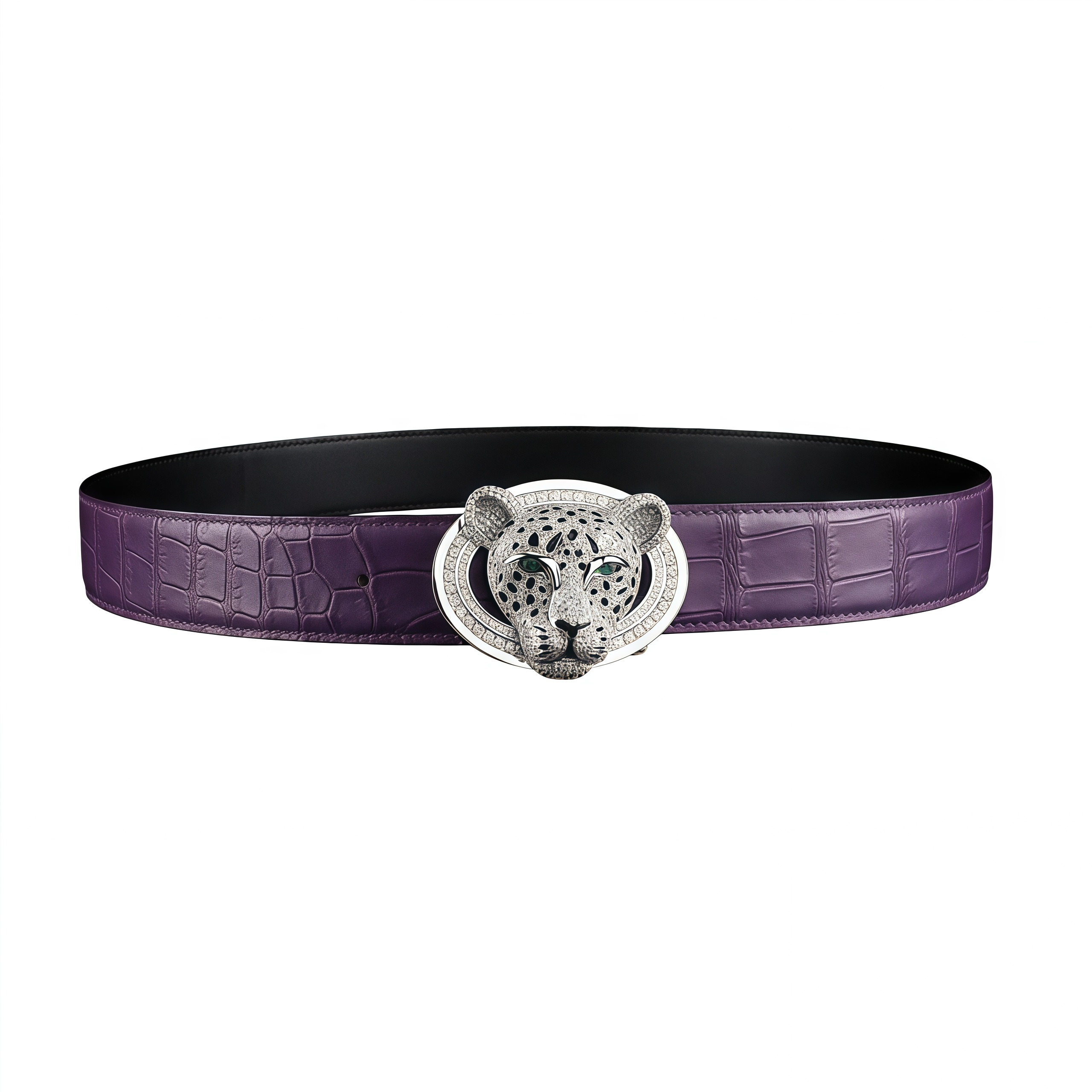 BELTLEY Unique 3D Leopard Buckle Purple Crocodile Leather Belt