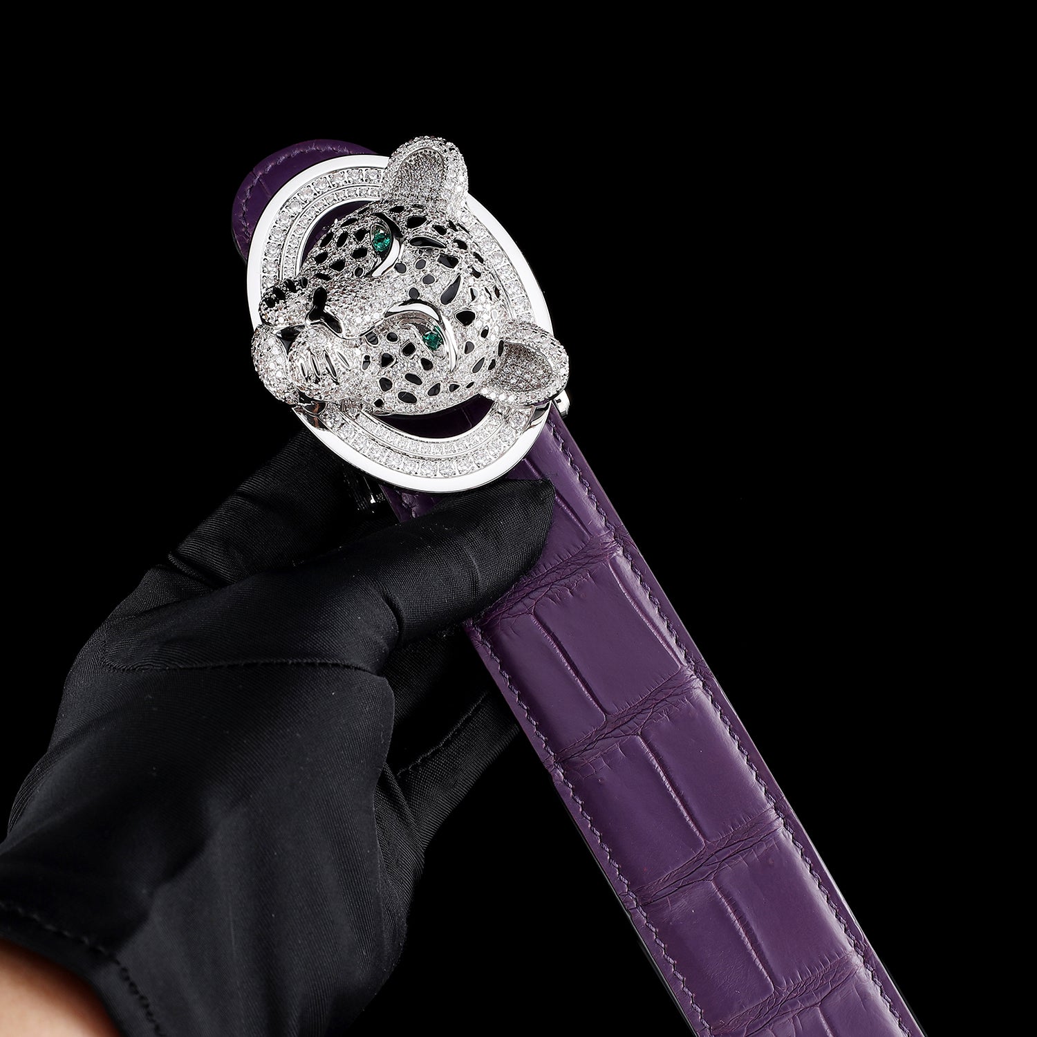 BELTLEY Unique 3D Leopard Buckle Purple Crocodile Leather Belt