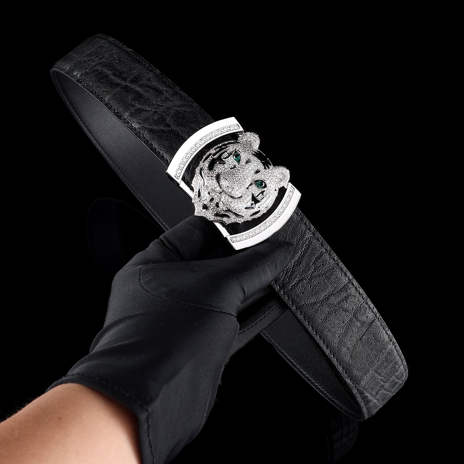 BELTLEY Unique Black Elephant Leather Belt - Silver Tiger Head Buckle-1.5 Inches