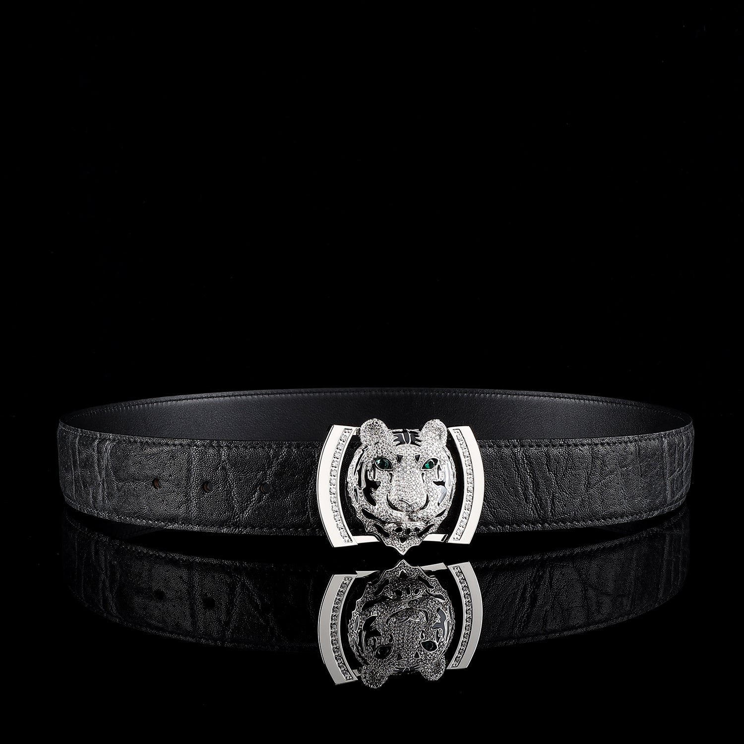 BELTLEY Unique Black Elephant Leather Belt - Silver Tiger Head Buckle-1.5 Inches
