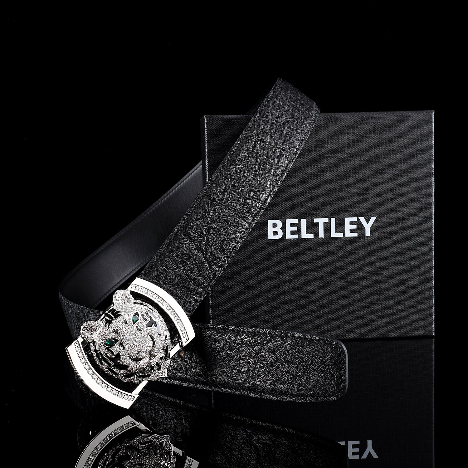 BELTLEY Unique Black Elephant Leather Belt - Silver Tiger Head Buckle-1.5 Inches