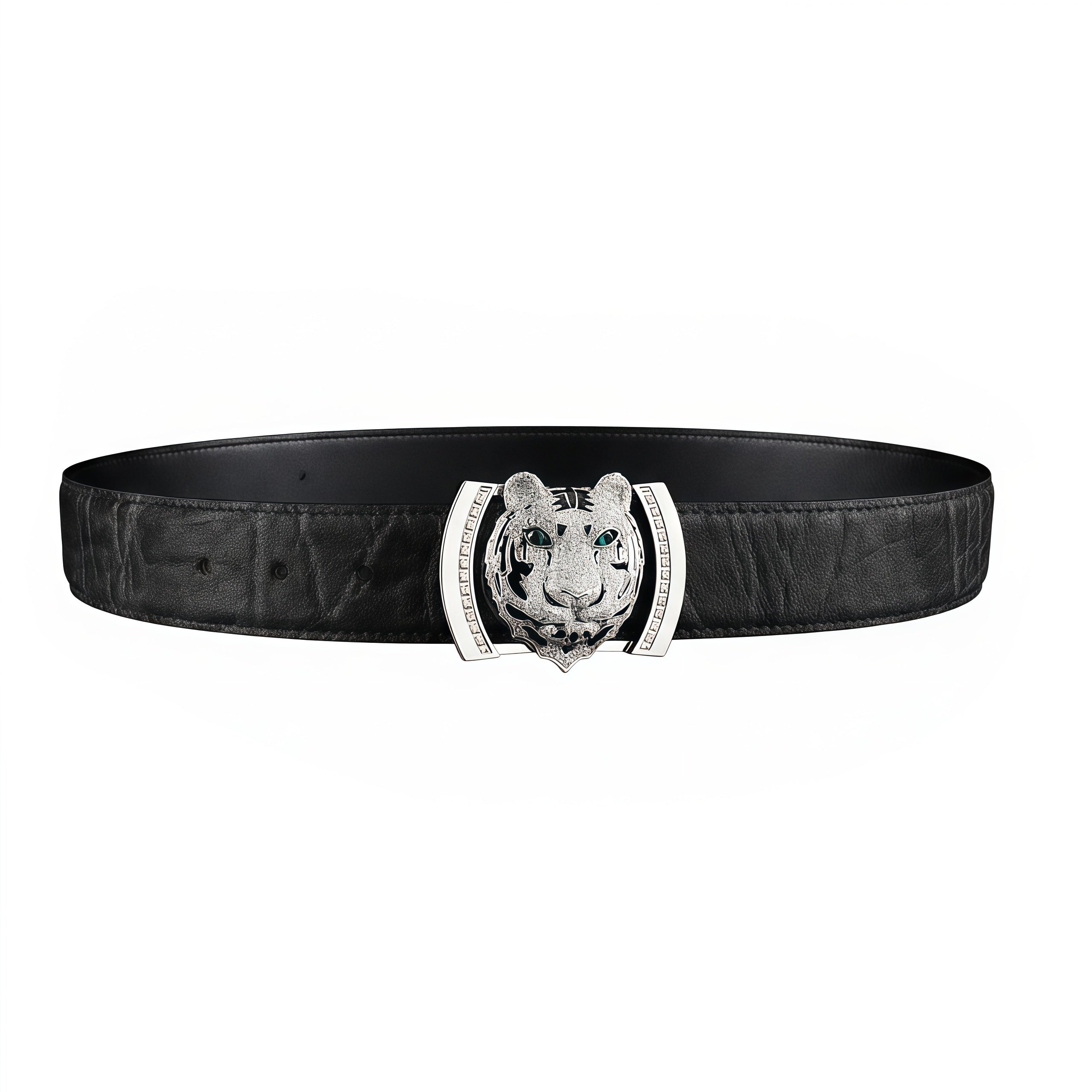 BELTLEY Unique Black Elephant Leather Belt - Silver Tiger Head Buckle-1.5 Inches
