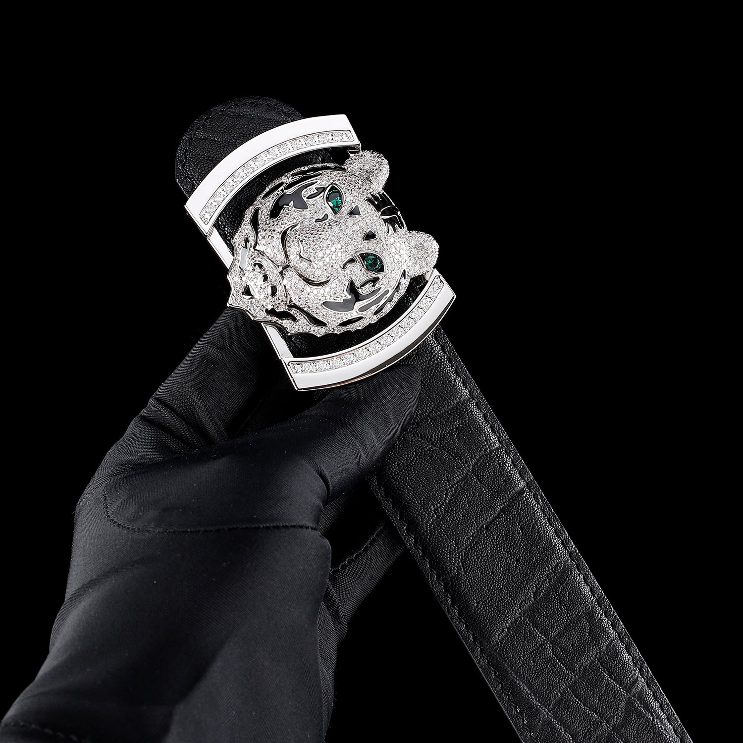 BELTLEY Unique Black Elephant Leather Belt - Silver Tiger Head Buckle-1.5 Inches