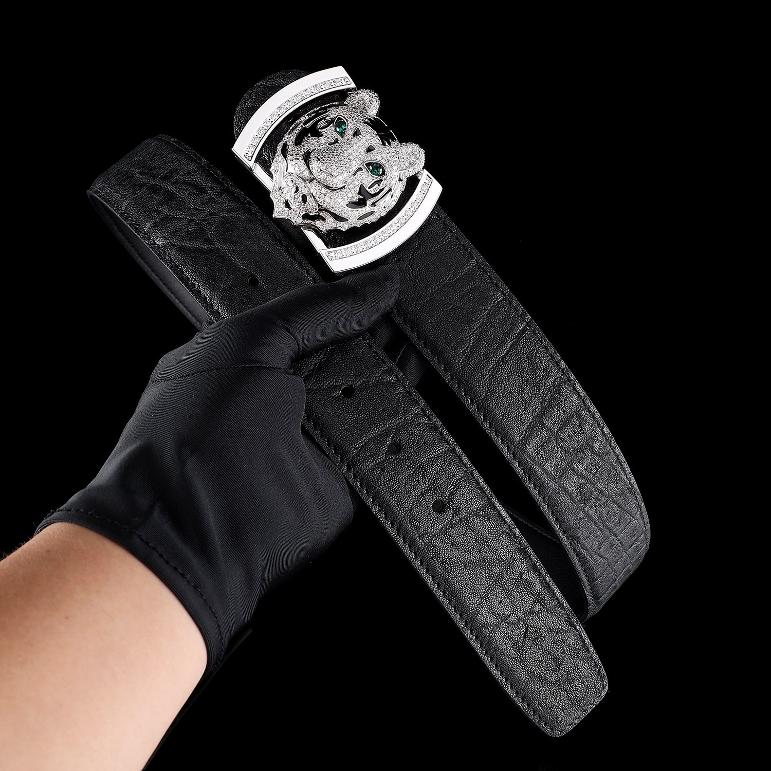 BELTLEY Unique Black Elephant Leather Belt - Silver Tiger Head Buckle-1.5 Inches