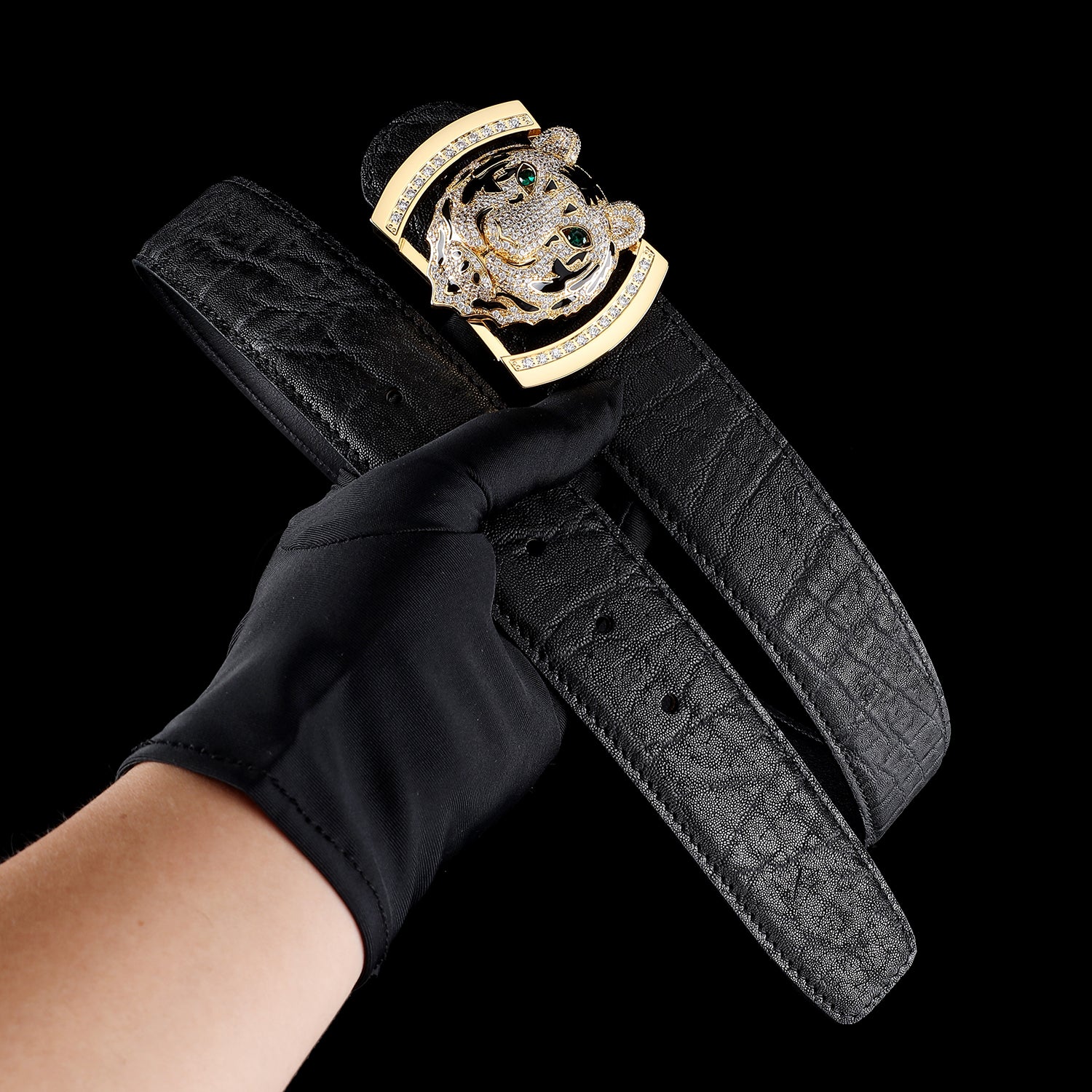 BELTLEY Unique Gold Tiger Head Buckle Elephant Hide Belt-1.5 Inches