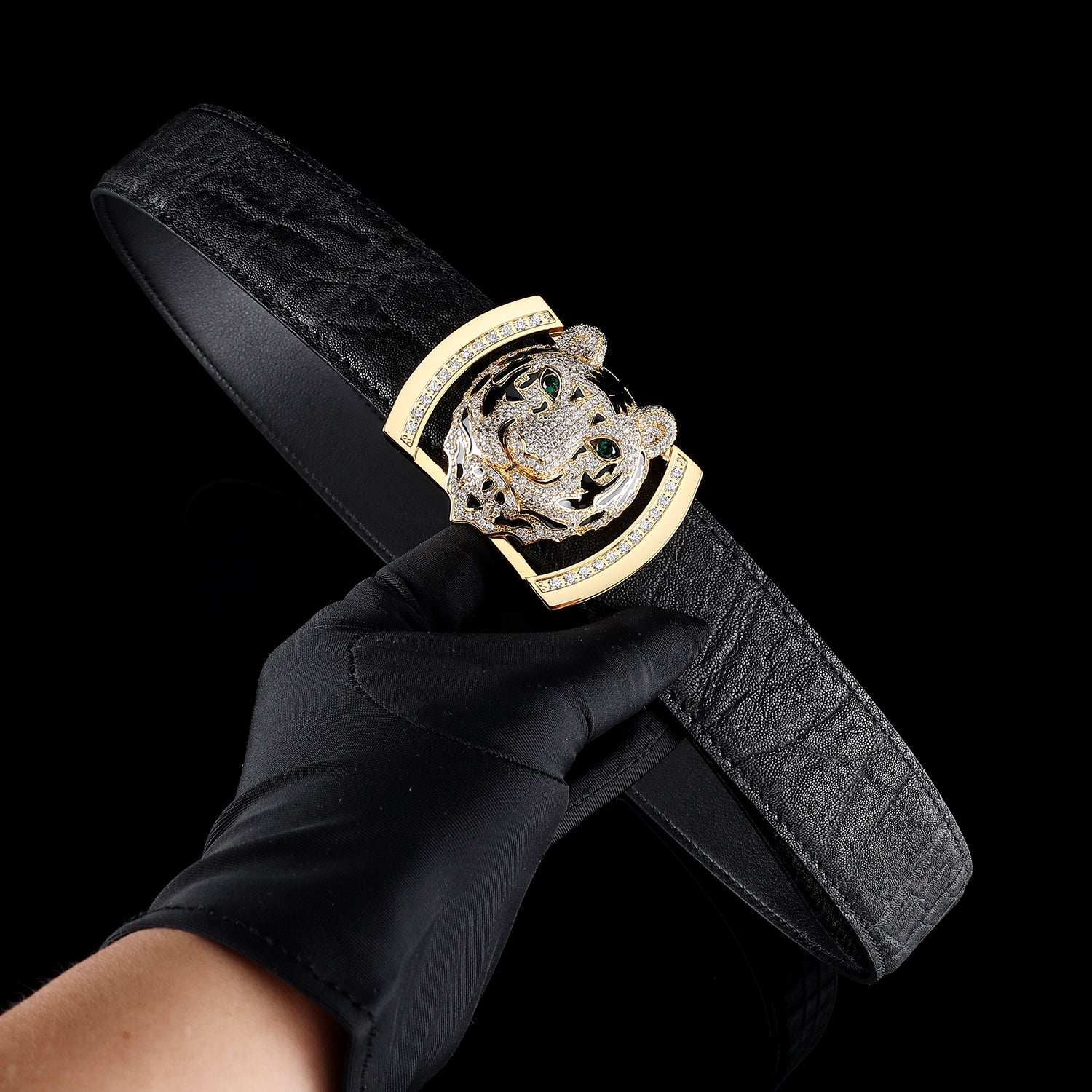 BELTLEY Unique Gold Tiger Head Buckle Elephant Hide Belt-1.5 Inches