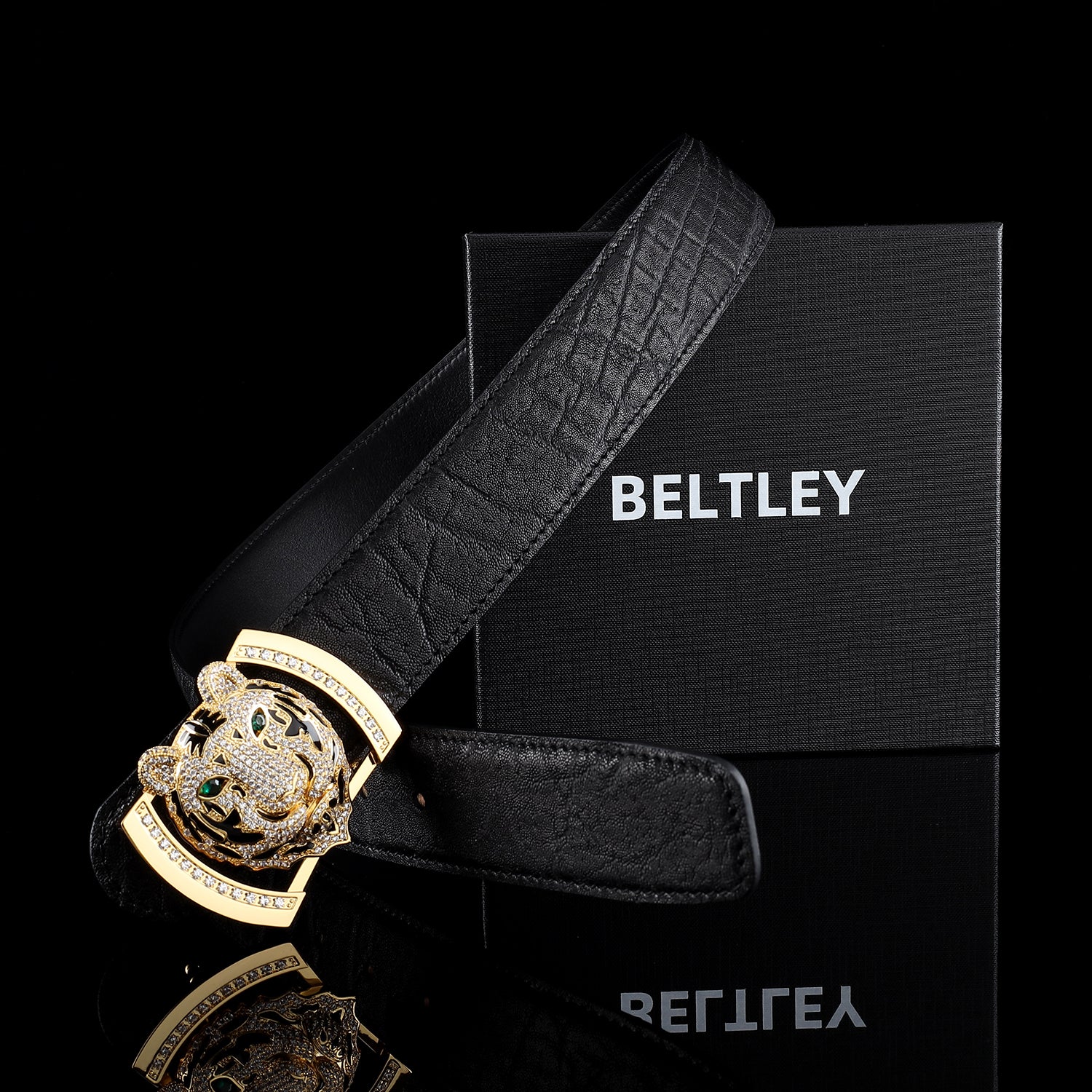 BELTLEY Unique Gold Tiger Head Buckle Elephant Hide Belt-1.5 Inches