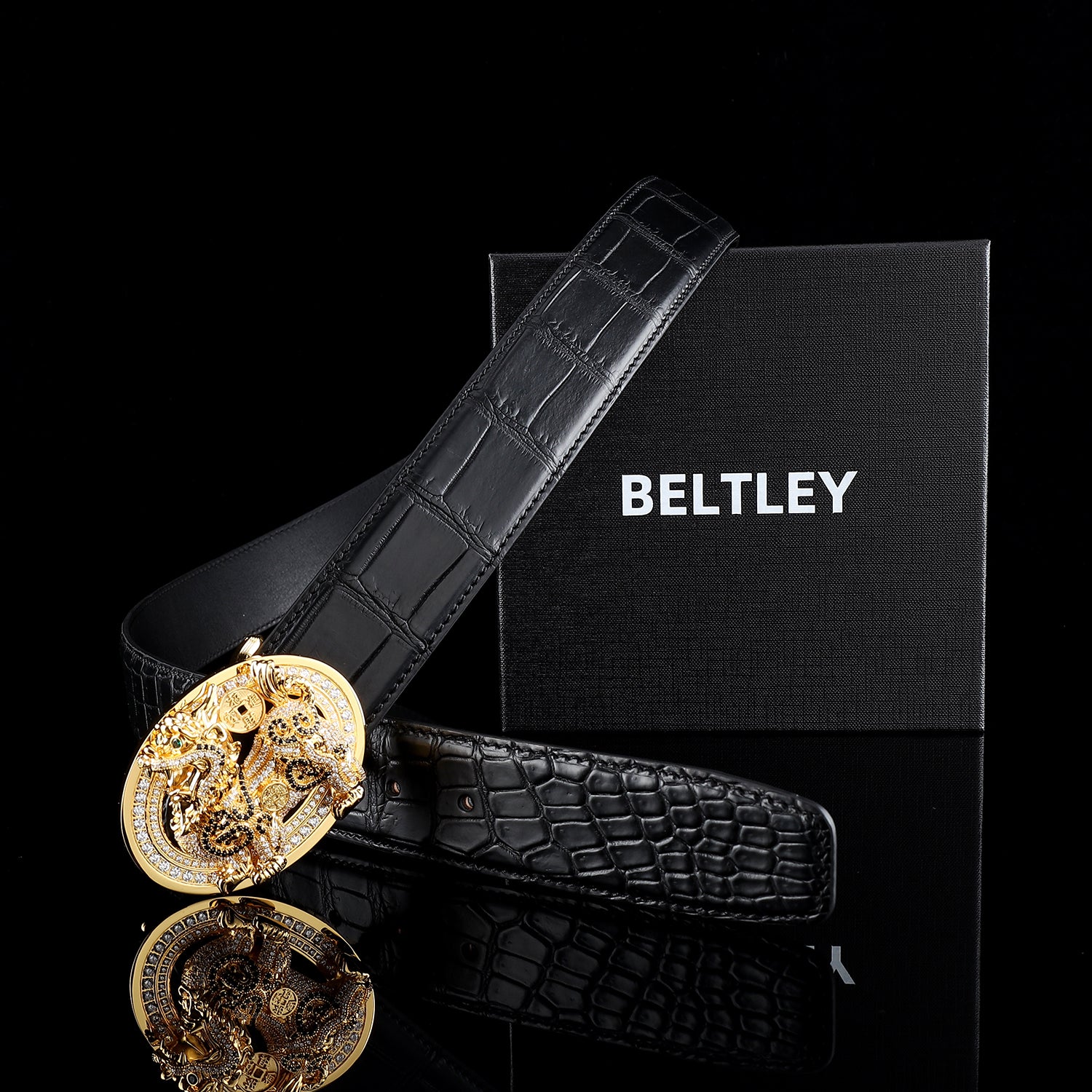 BELTLEY Unique Qinlin Black Crocodile Belly-Cut Belt for Men-1.5 Inches
