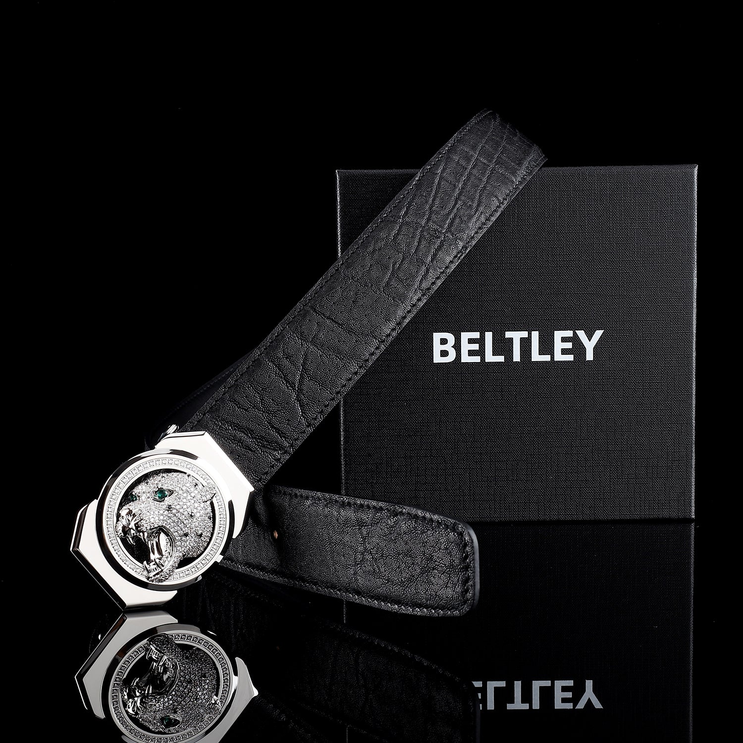 BELTLEY Unique Roaring Leopard Silver Buckle - Luxury Elephant Leather Belt 1.5 Inches