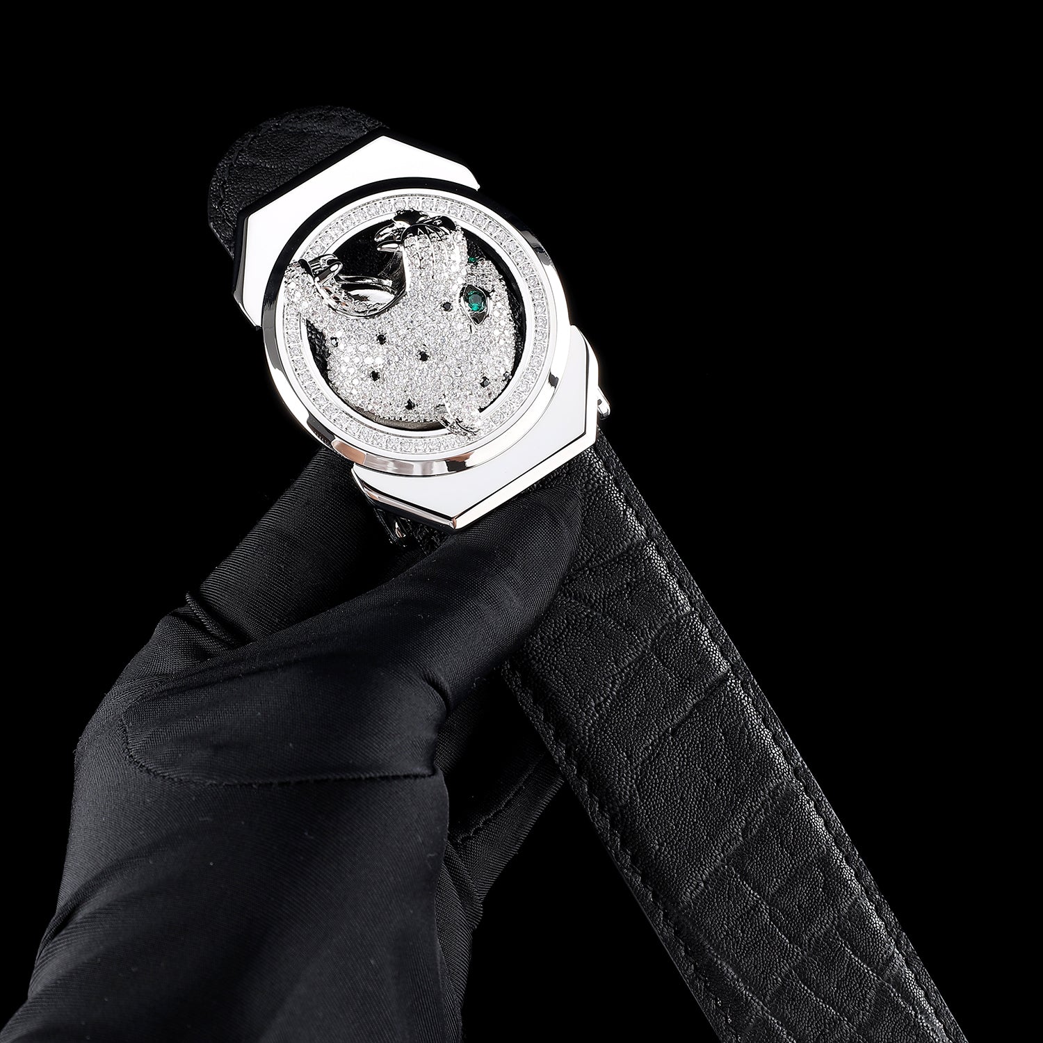 BELTLEY Unique Roaring Leopard Silver Buckle - Luxury Elephant Leather Belt 1.5 Inches