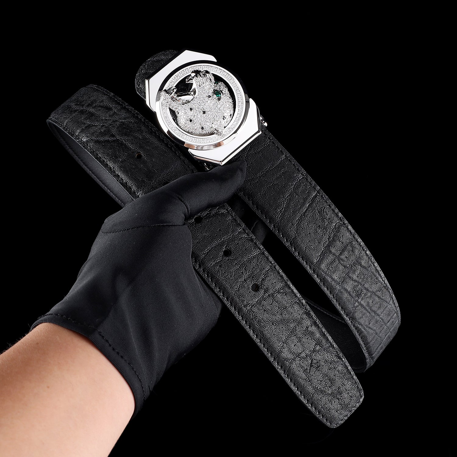 BELTLEY Unique Roaring Leopard Silver Buckle - Luxury Elephant Leather Belt 1.5 Inches