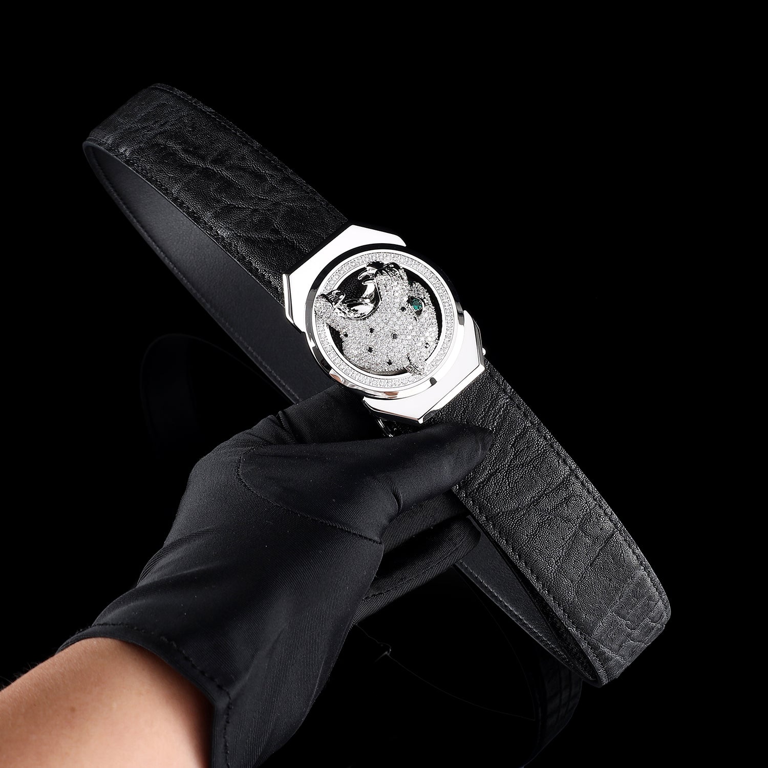 BELTLEY Unique Roaring Leopard Silver Buckle - Luxury Elephant Leather Belt 1.5 Inches