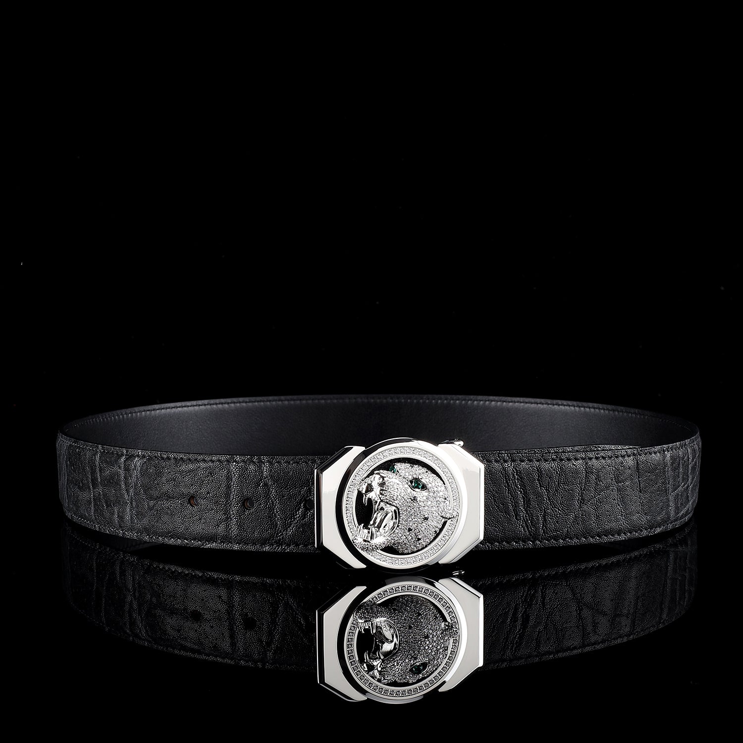 BELTLEY Unique Roaring Leopard Silver Buckle - Luxury Elephant Leather Belt 1.5 Inches