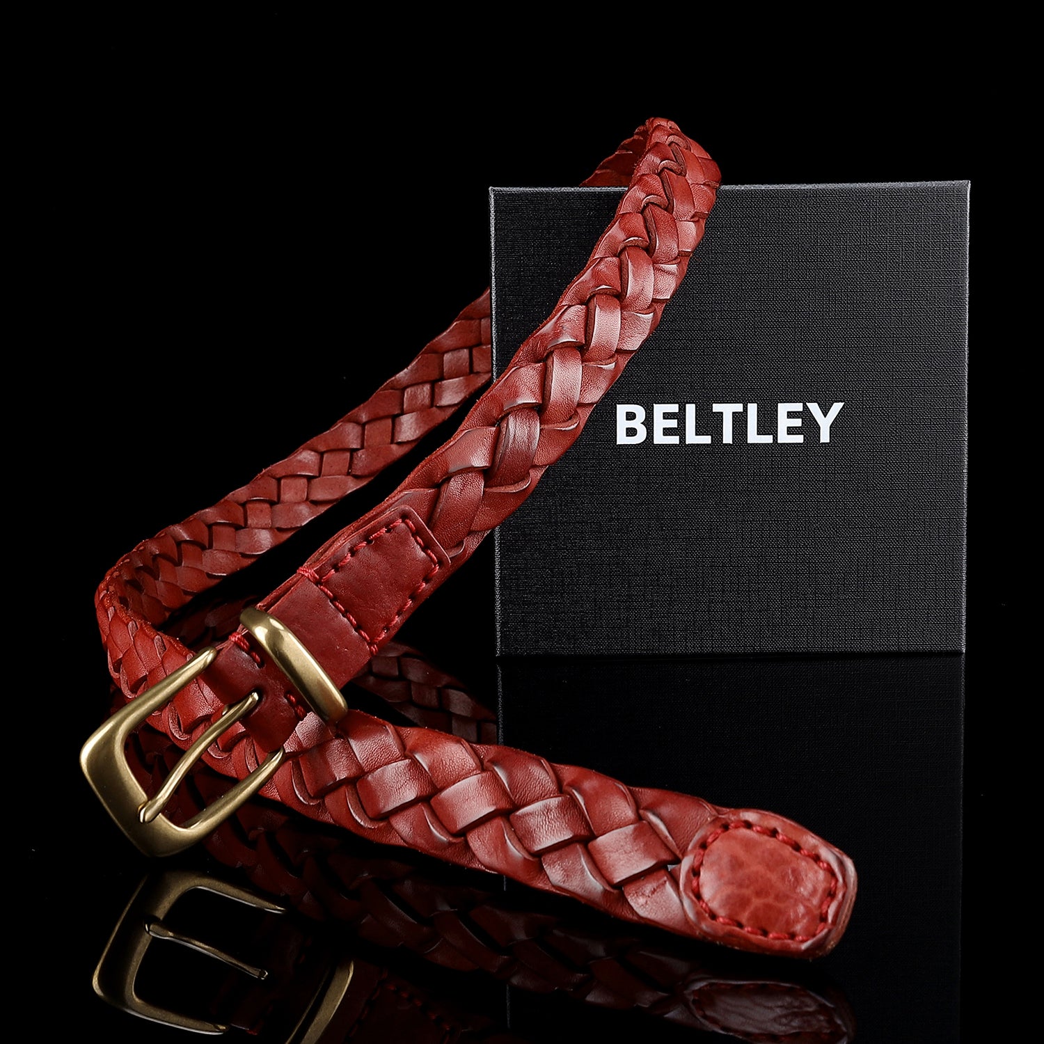 BELTLEY Women's Red Braided Leather Belt