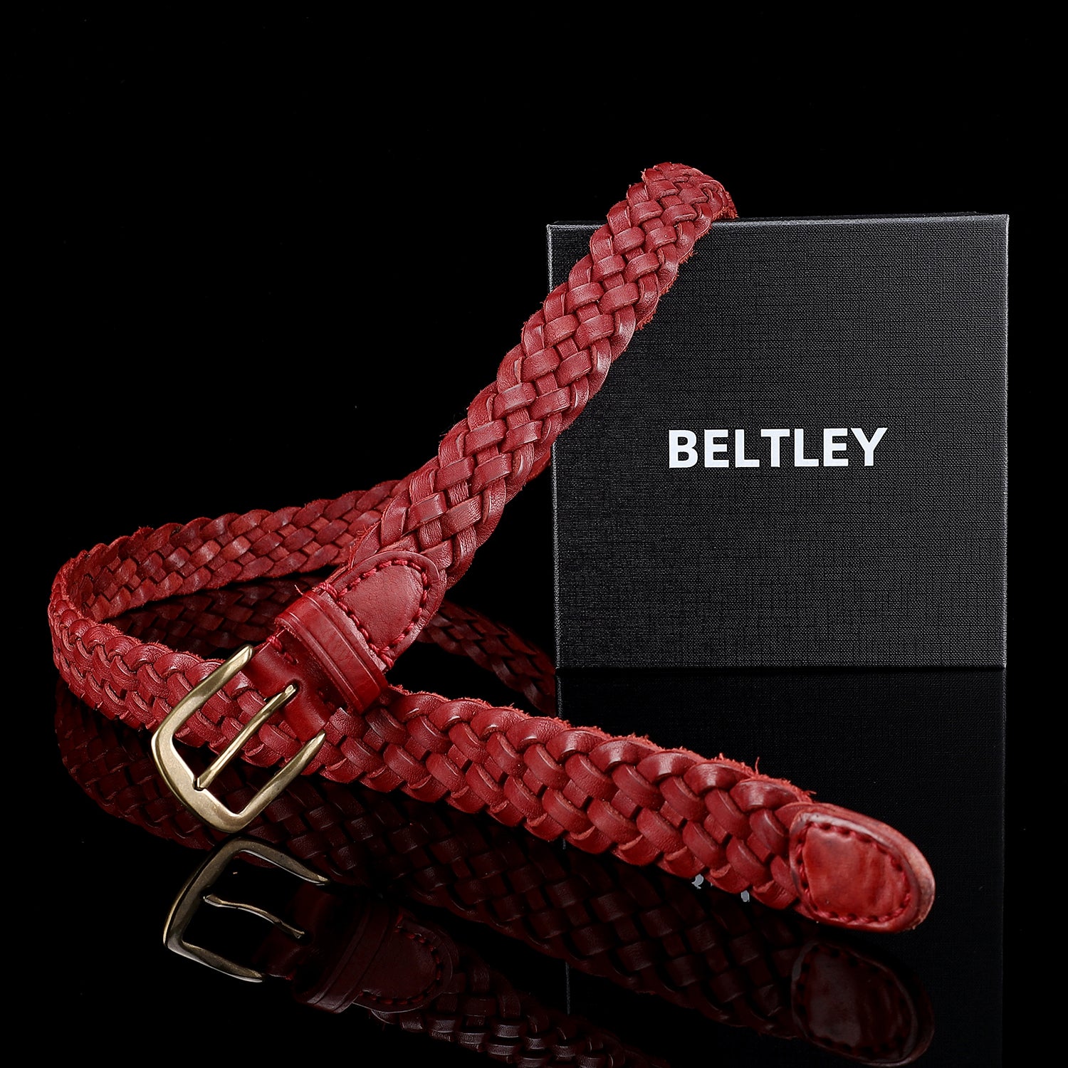 BELTLEY Woven Leather Belt in Vintage Red For Women