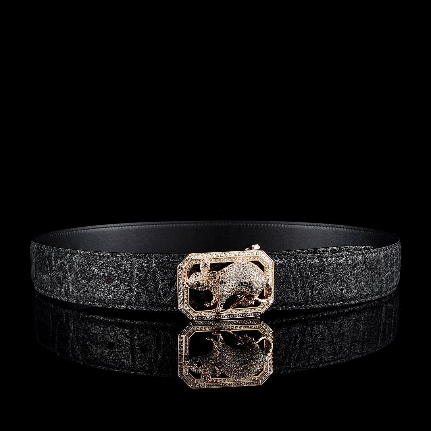 BELTLEY Zodiac Rat Buckle Belt — Handcrafted Black Elephant Skin Luxury Edition 1.5 Inches