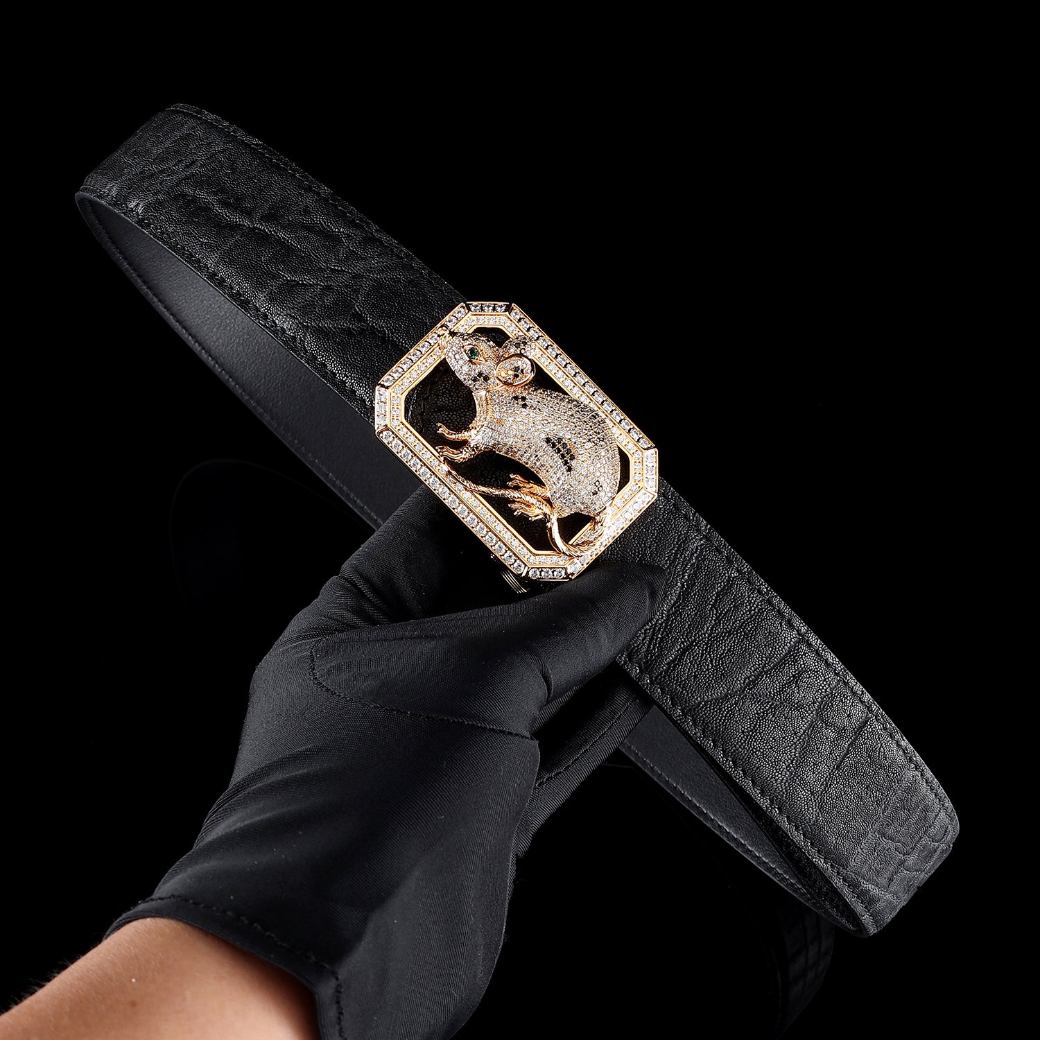 BELTLEY Zodiac Rat Buckle Belt — Handcrafted Black Elephant Skin Luxury Edition 1.5 Inches