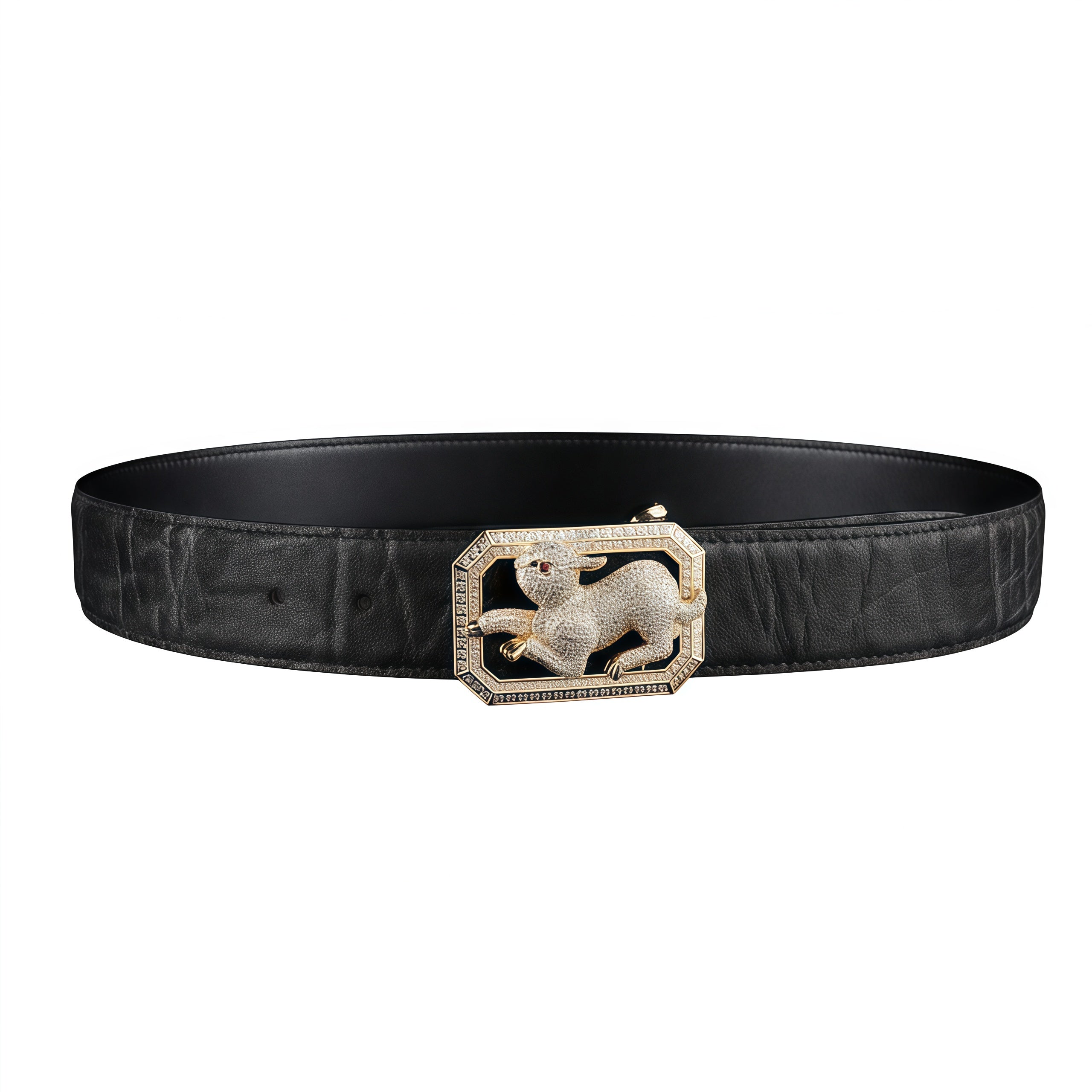 BELTLEY Black Elephant Hide Belt with Jewelry Grade Rabbit Buckle