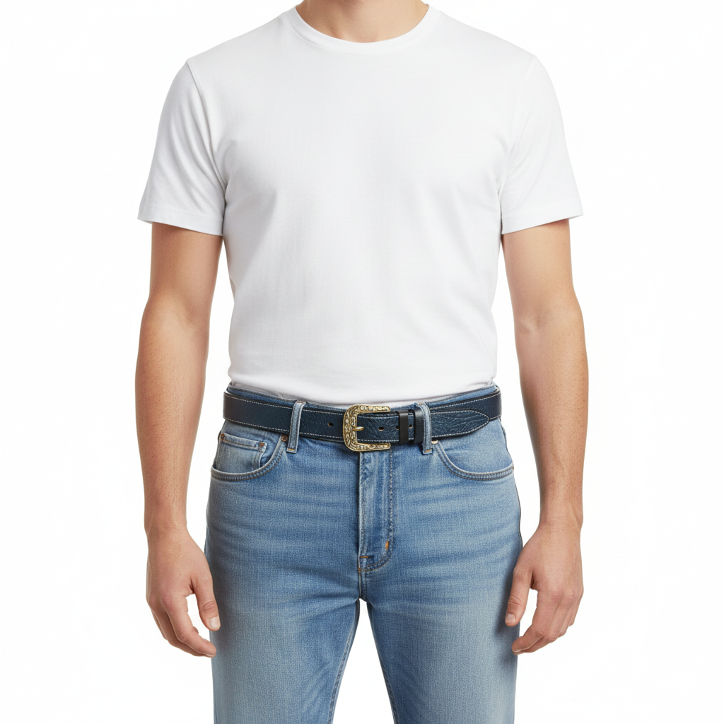 BELTLEY Blue Vintage Leather Belt – Solid Floral Brass Buckle