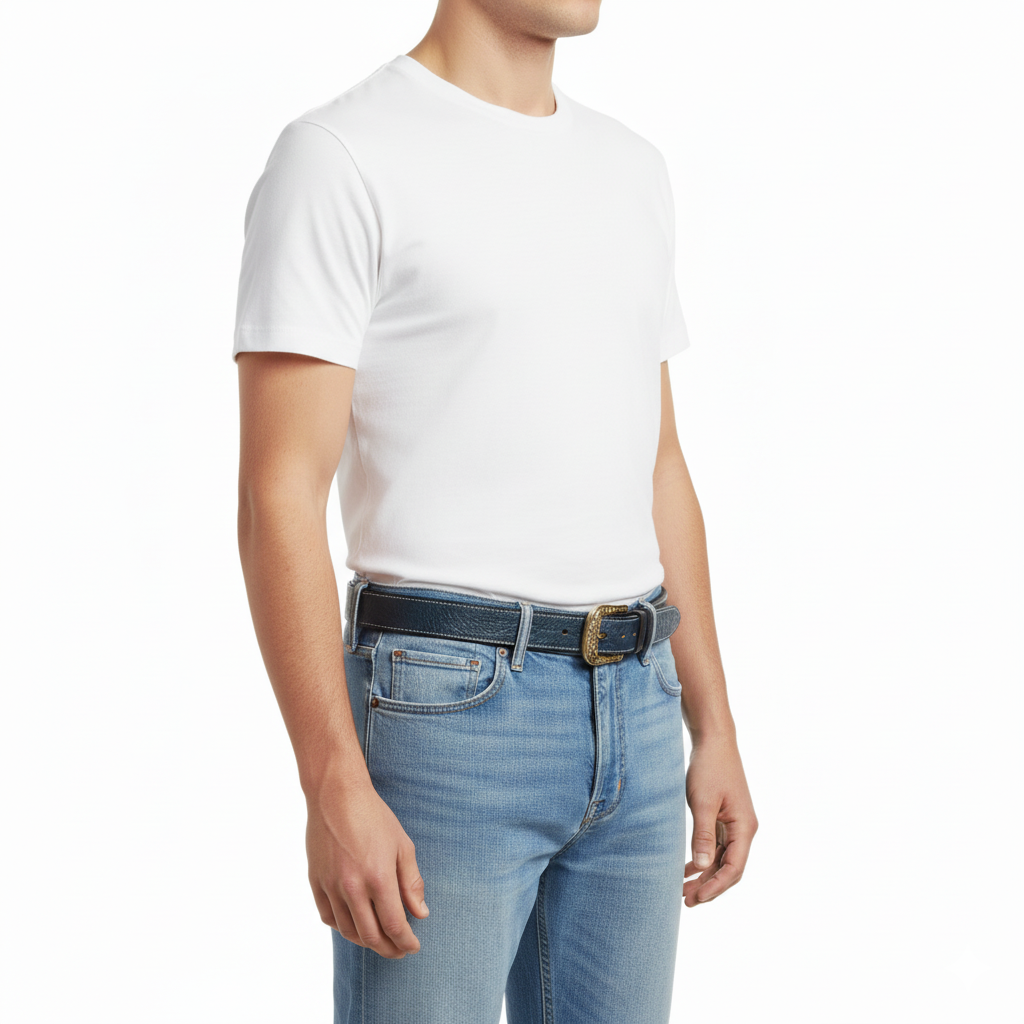 BELTLEY Blue Vintage Leather Belt – Solid Floral Brass Buckle