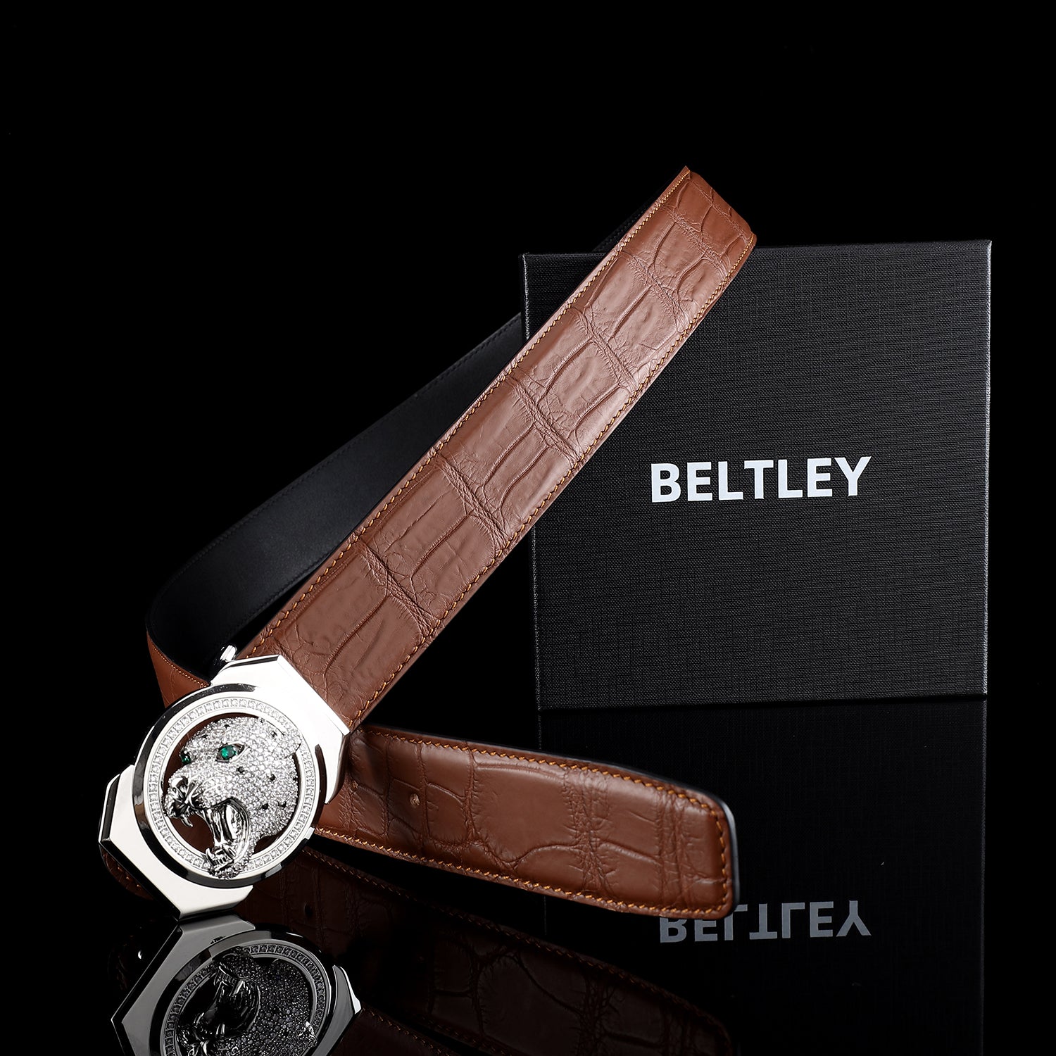 BELTLEY Brown Crocodile Skin Dress Belt with Roaring Leopard Buckle