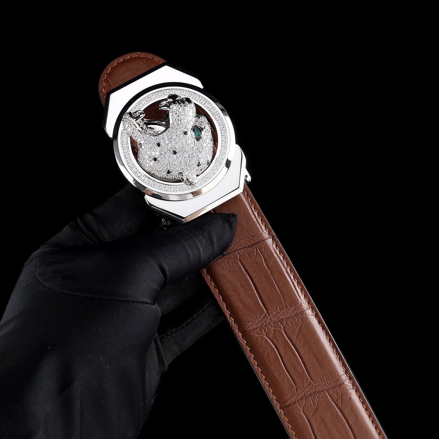 BELTLEY Brown Crocodile Skin Dress Belt with Roaring Leopard Buckle