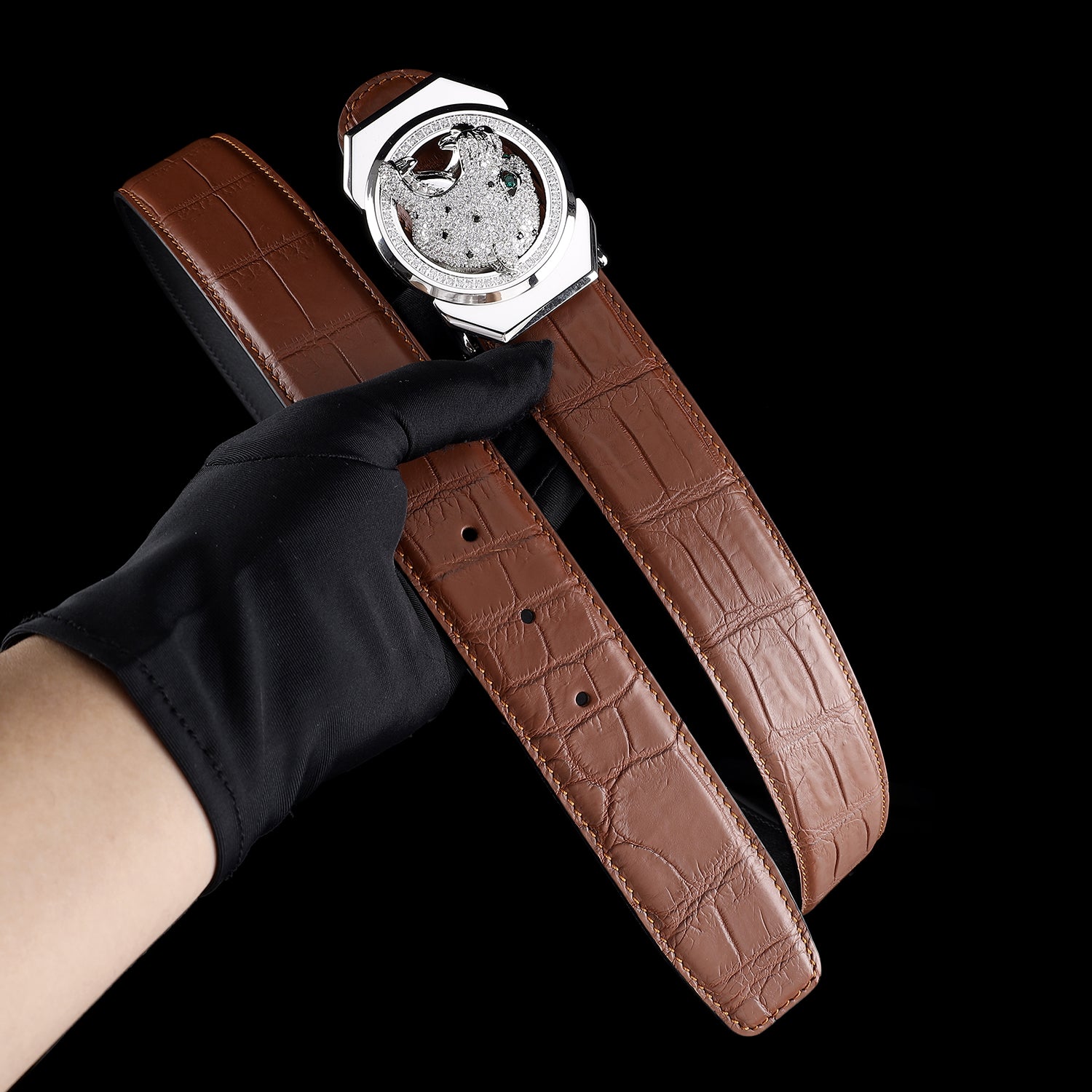 BELTLEY Brown Crocodile Skin Dress Belt with Roaring Leopard Buckle