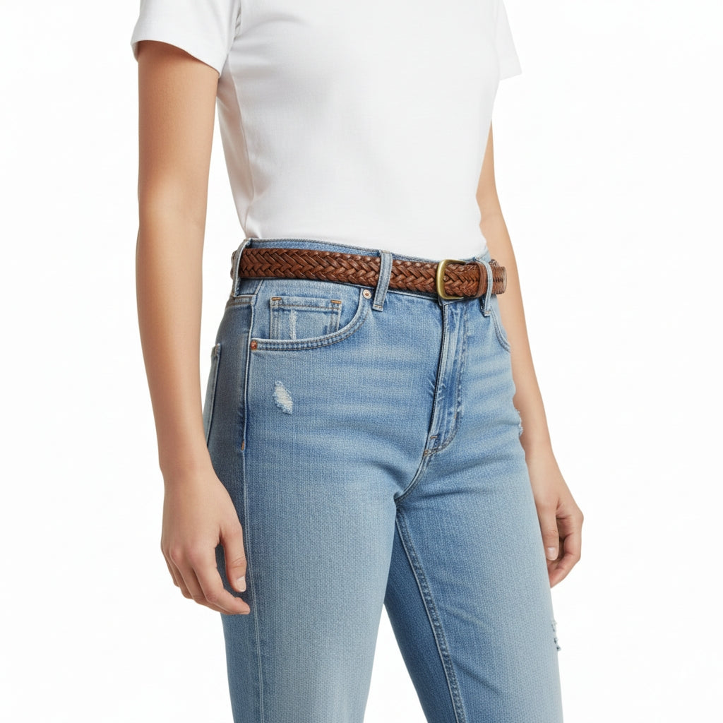 BELTLEY Handwoven Brown Full-Grain Leather Belt for Women