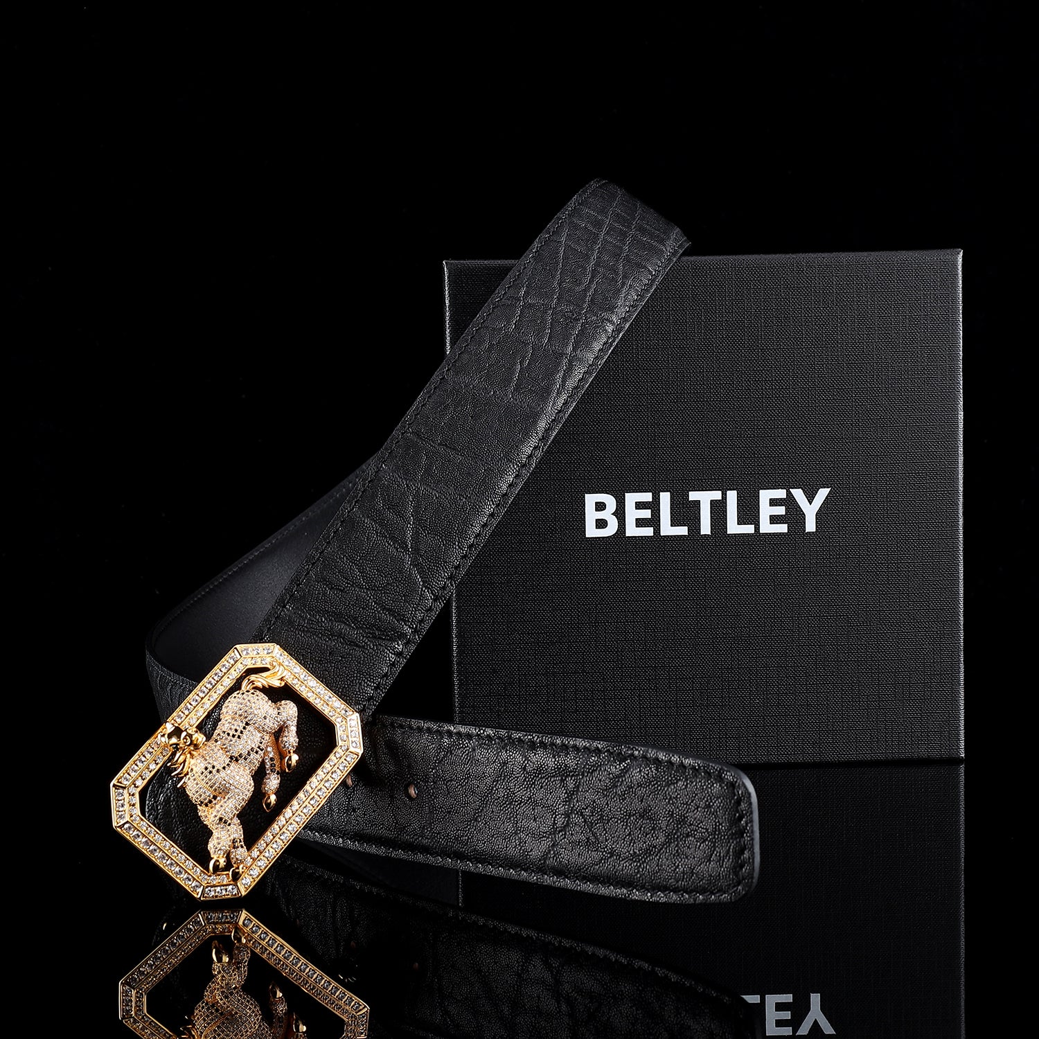 BELTLEY Men’s Black Elephant Skin Belt - Gold Plated Horse Buckle-1.5 Inches