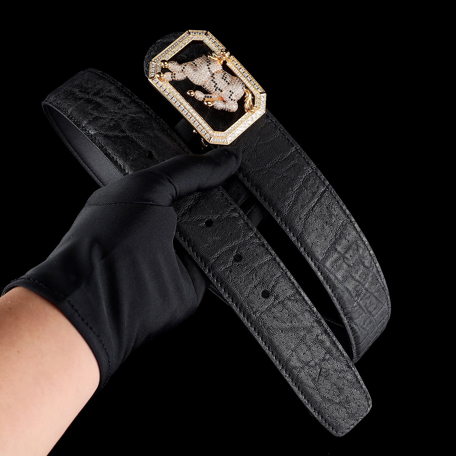 BELTLEY Men’s Black Elephant Skin Belt - Gold Plated Horse Buckle-1.5 Inches