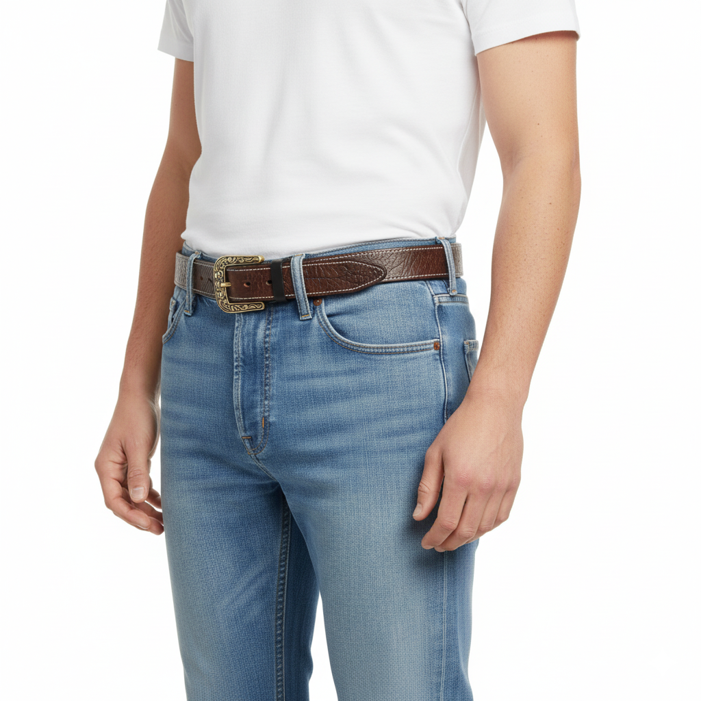 BELTLEY Men's Brown Vintage Leather Belt – Solid Floral Brass Buckle