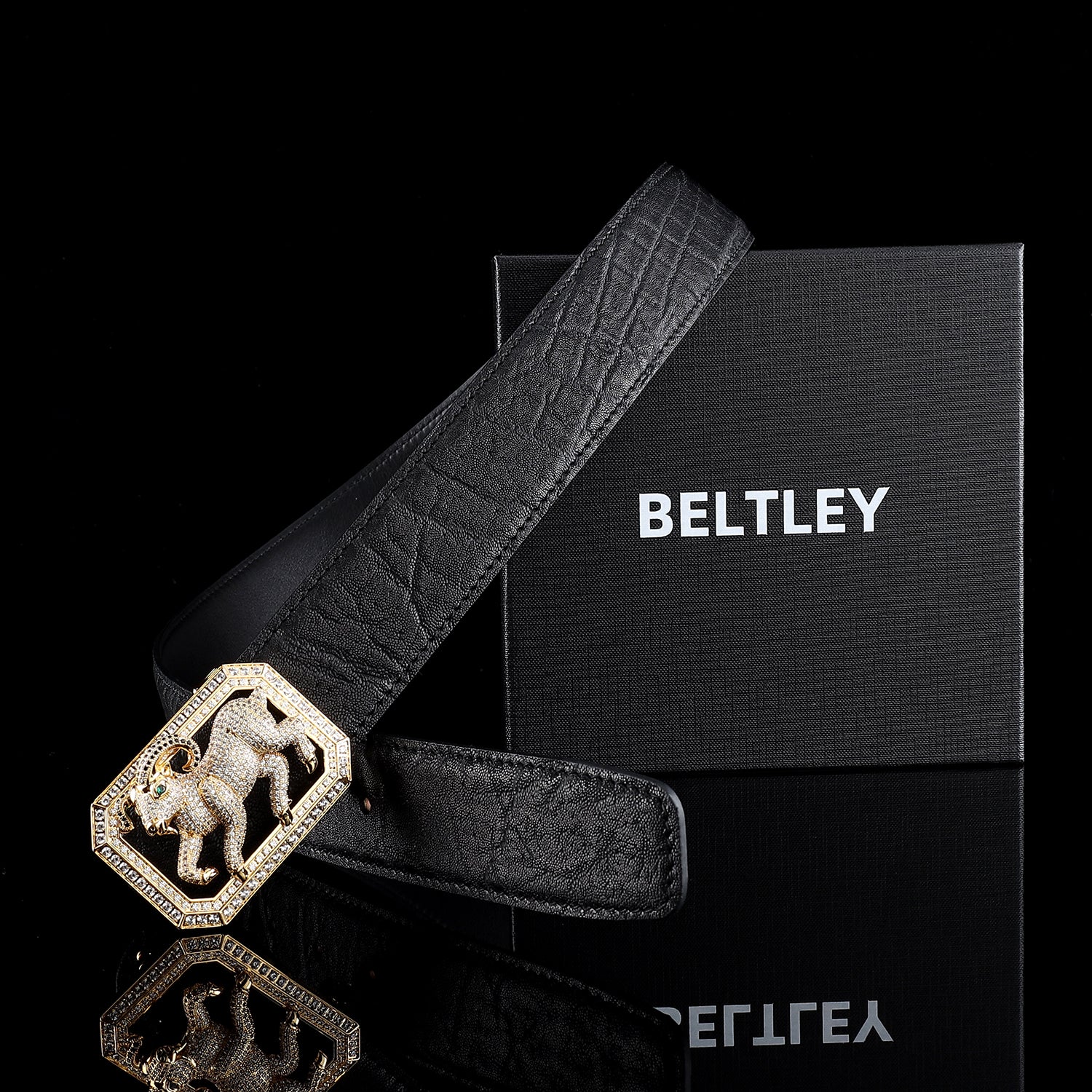 BELTLEY Prestige Black Elephant Skin Belt — 1.5" - Gold Plated Goat Buckle
