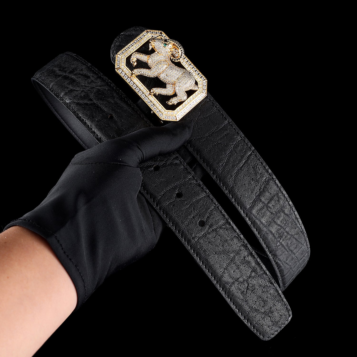 BELTLEY Prestige Black Elephant Skin Belt — 1.5" - Gold Plated Goat Buckle