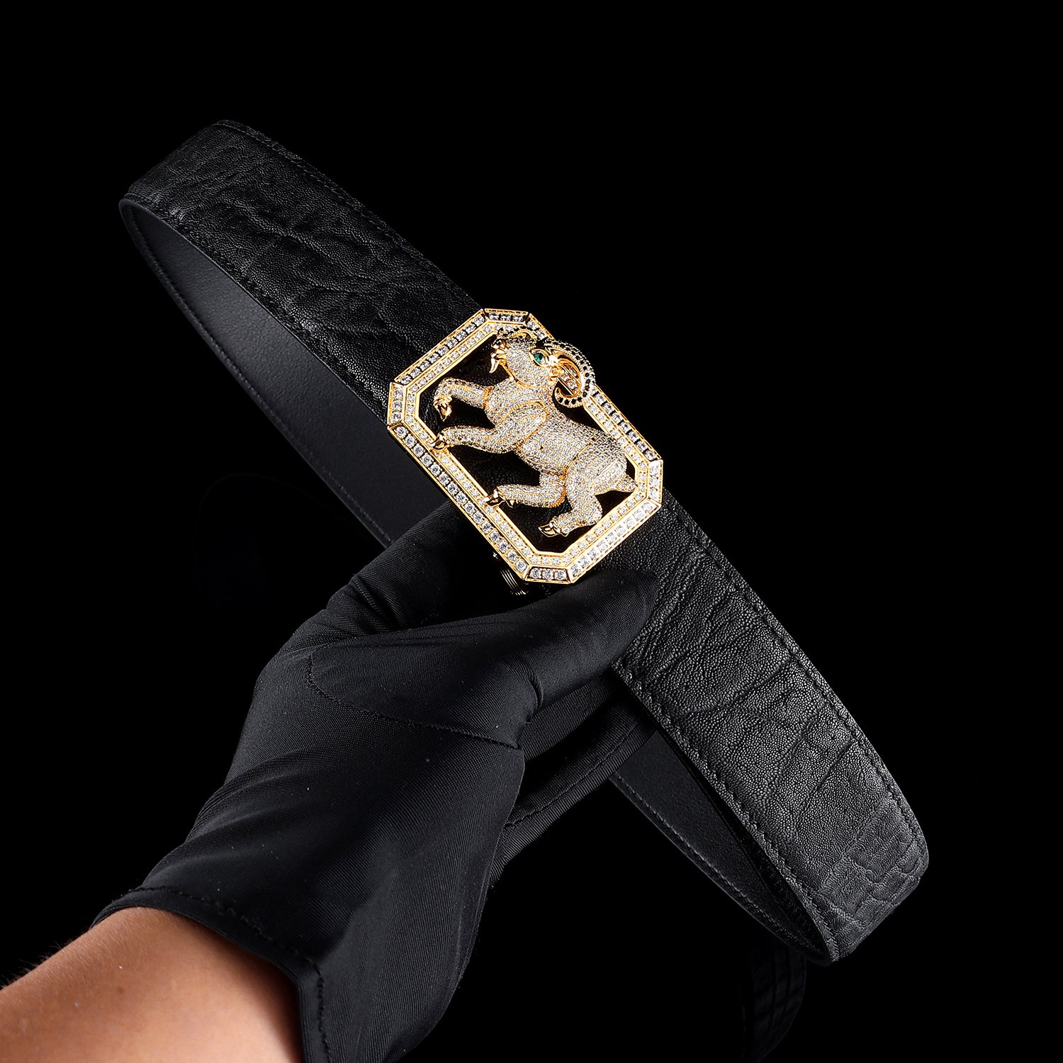 BELTLEY Prestige Black Elephant Skin Belt — 1.5" - Gold Plated Goat Buckle