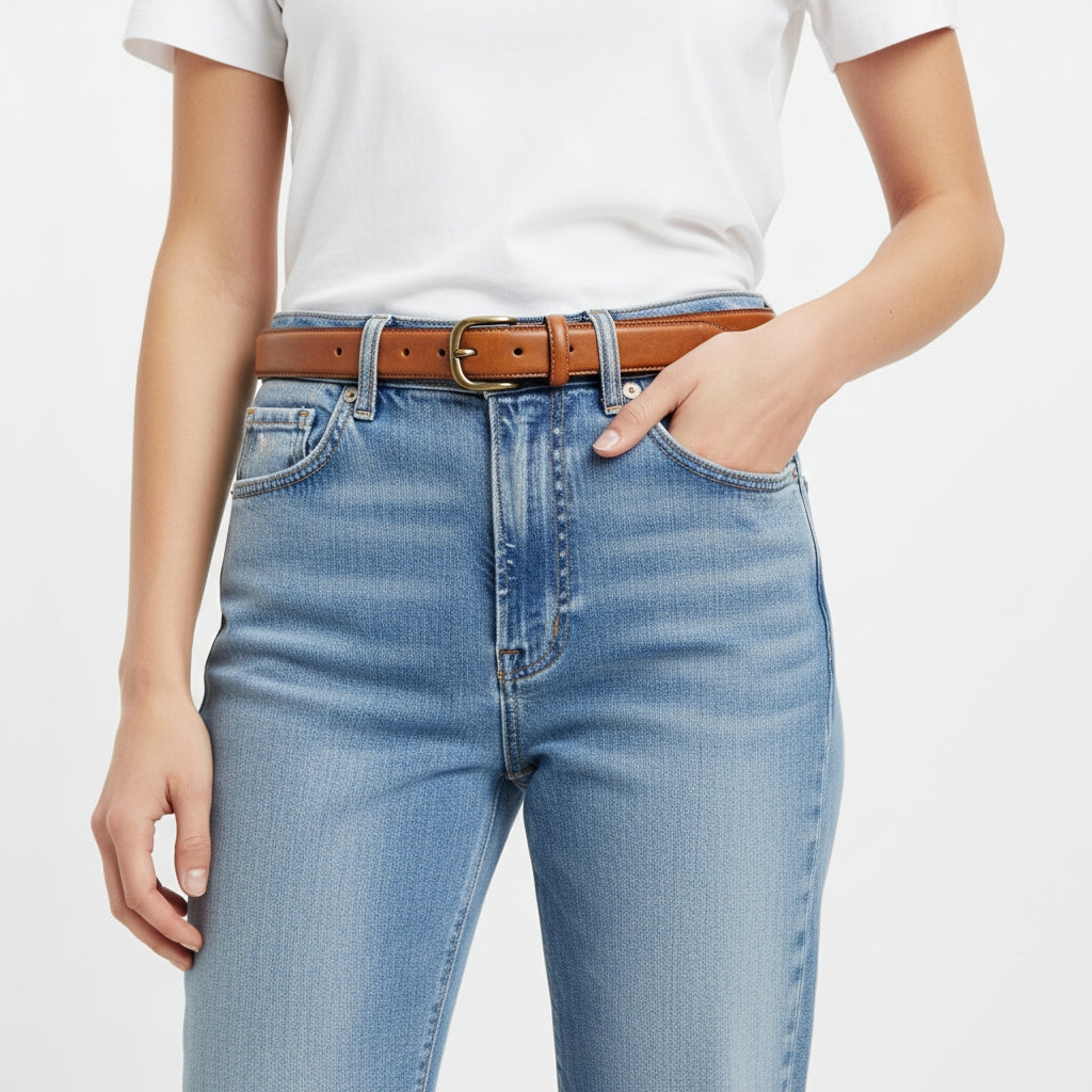 BELTLEY  "The Classic Skinny" Leather Belt  For Lady - Cognac Tan