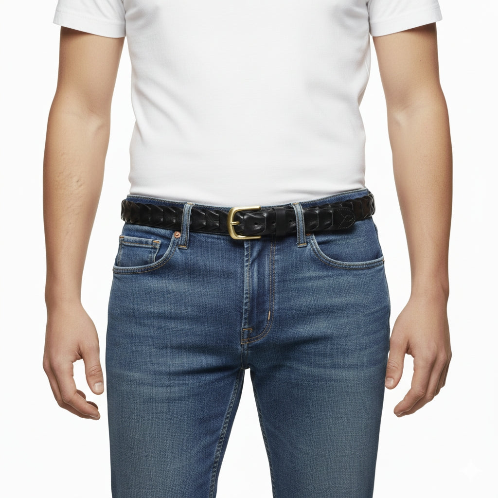 BELTLEY Unique Black Handwoven Leather Belt – Solid Brass Buckle