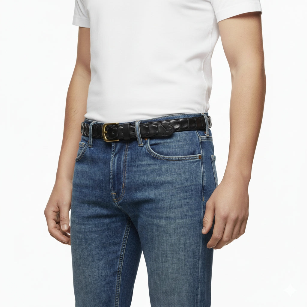 BELTLEY Unique Black Handwoven Leather Belt – Solid Brass Buckle