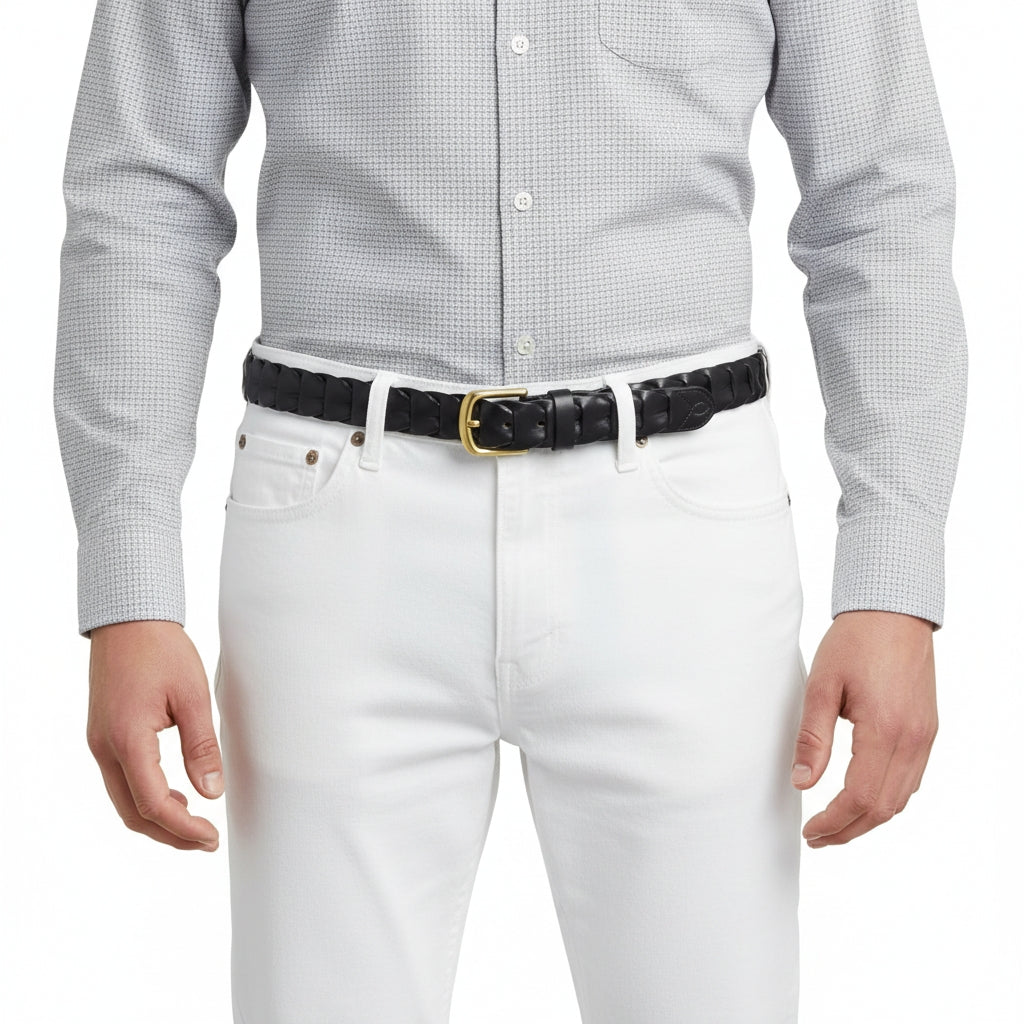 BELTLEY Unique Black Handwoven Leather Belt – Solid Brass Buckle