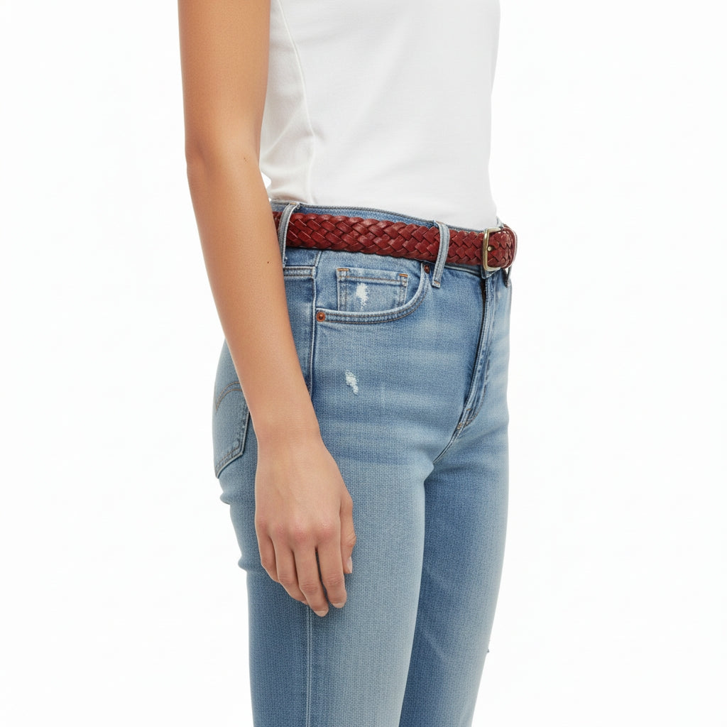 BELTLEY Woven Leather Belt in Vintage Red For Women