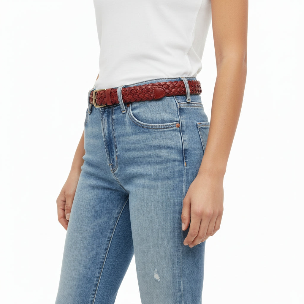 BELTLEY Woven Leather Belt in Vintage Red For Women