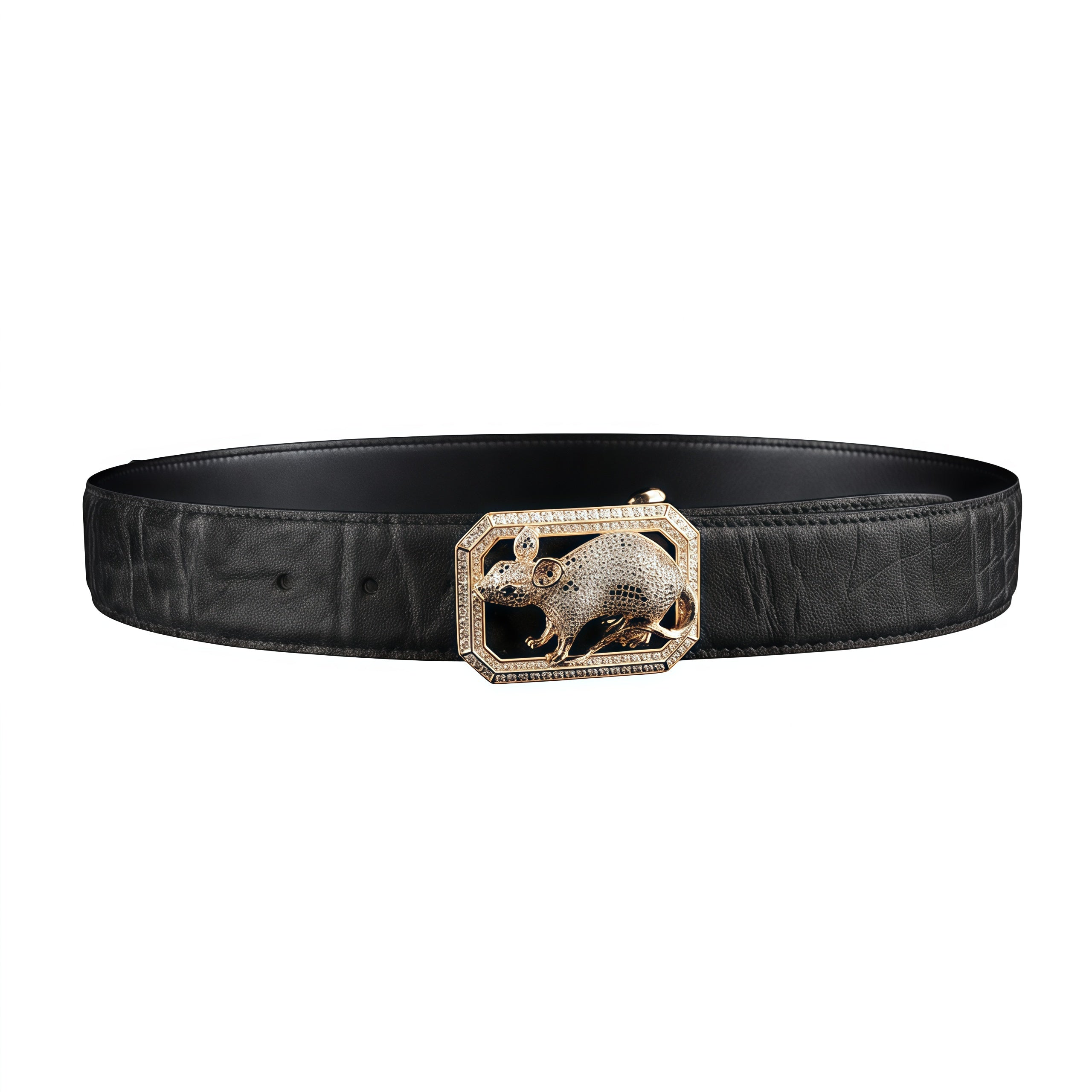 BELTLEY Zodiac Rat Buckle Belt — Handcrafted Black Elephant Skin Luxury Edition 1.5 Inches
