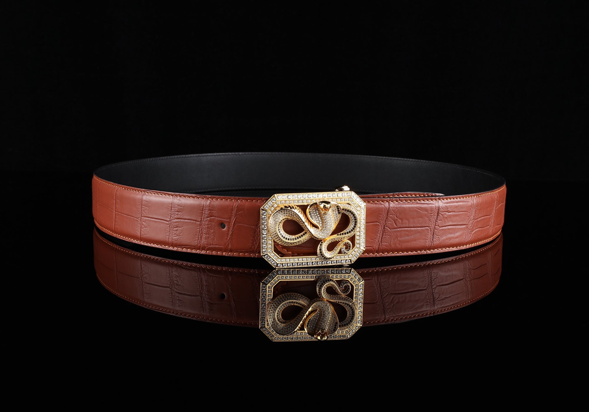 Chestnut Crocodile Skin Belt with Snake Buckle | BELTLEY