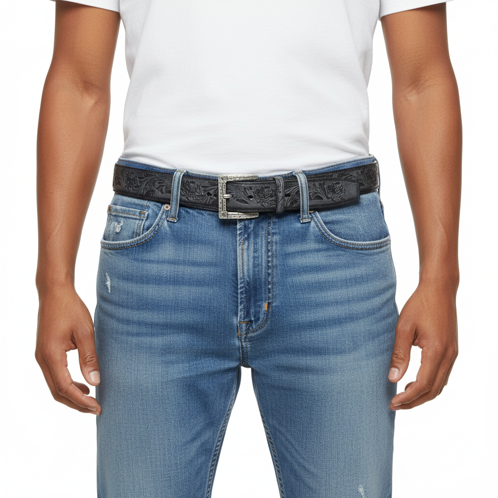 BELTLEY Vintage Flower Leather Belt for Men