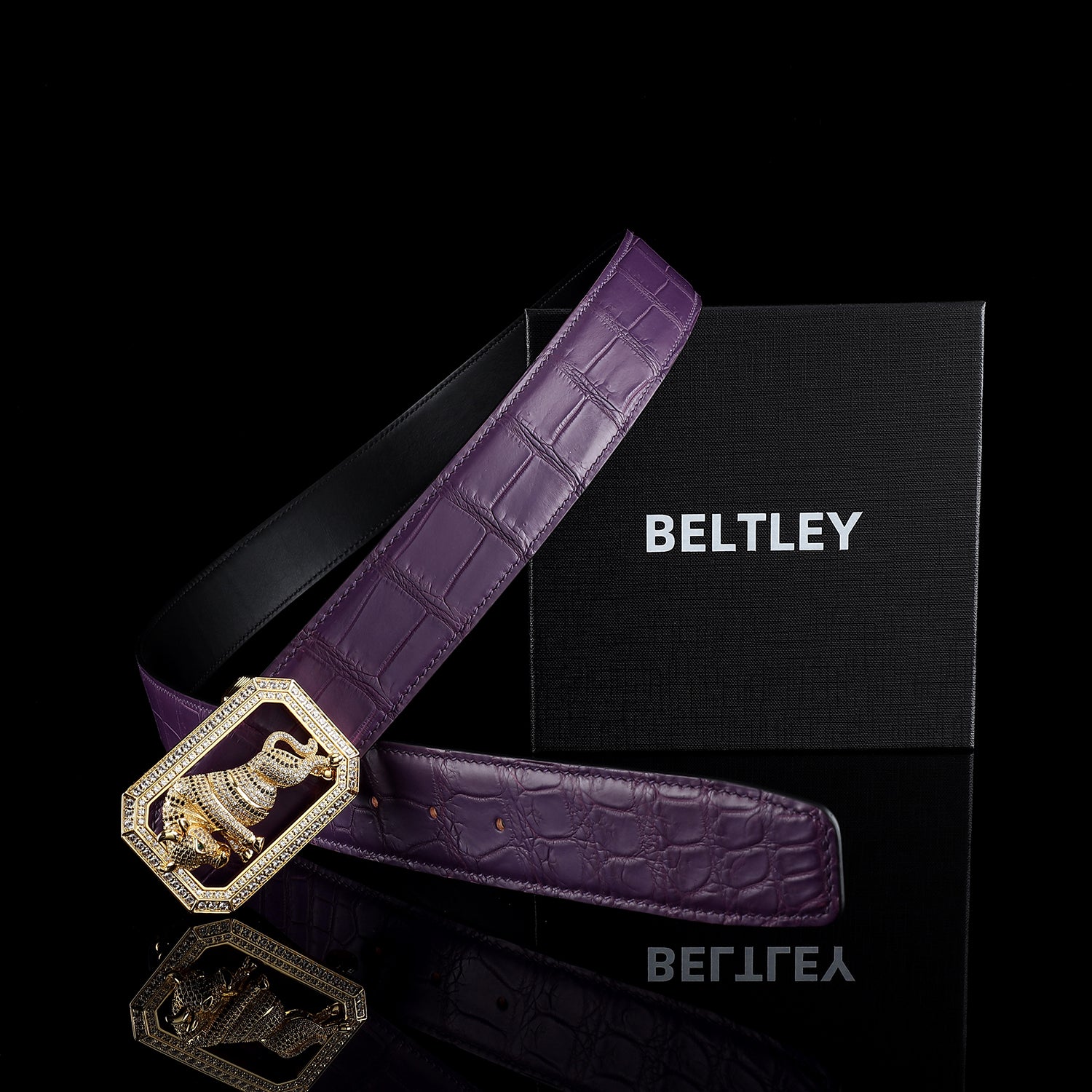 BELTLEY purple Crocodile hide Belt for Men with Bull Buckle