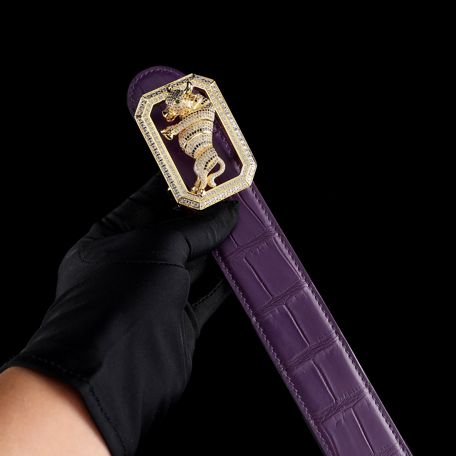 BELTLEY purple Crocodile hide Belt for Men with Bull Buckle