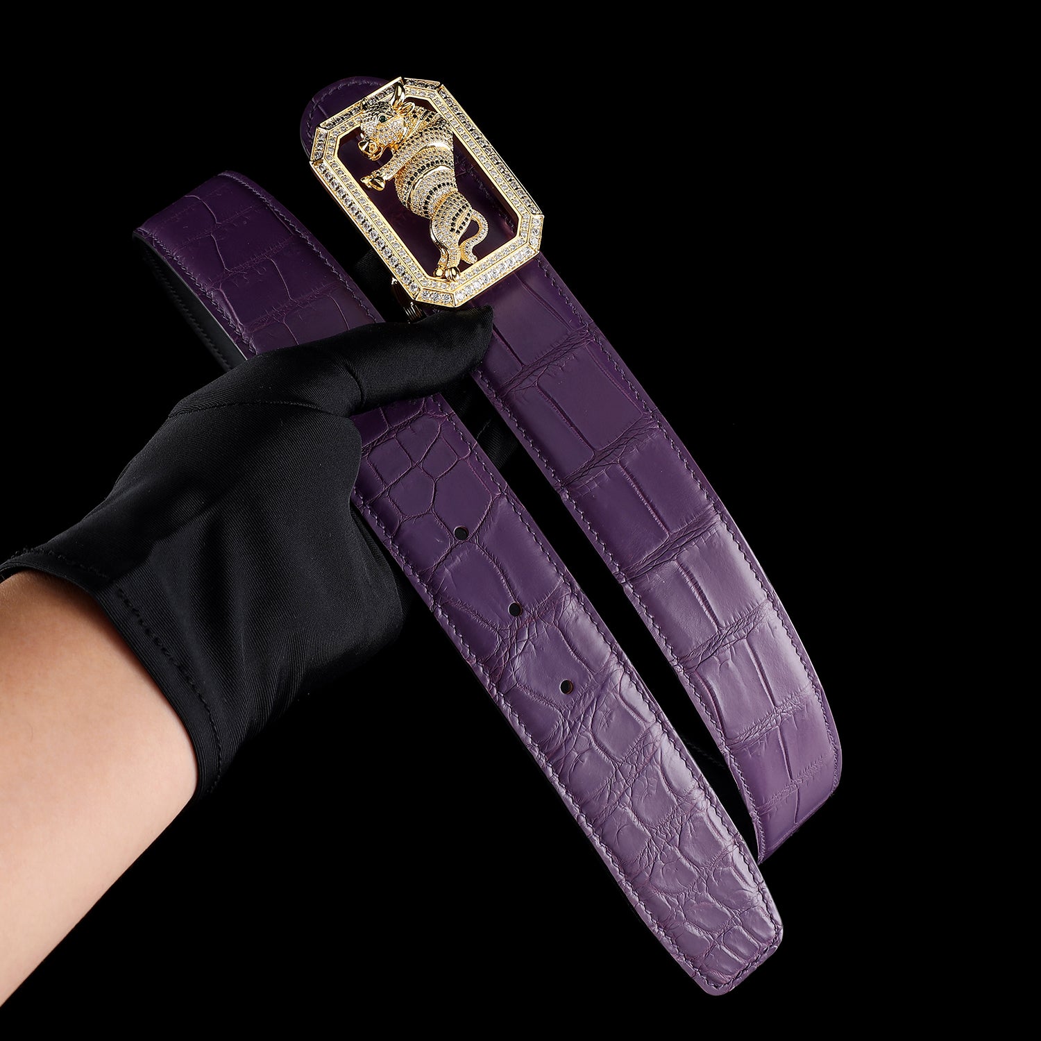 BELTLEY purple Crocodile hide Belt for Men with Bull Buckle