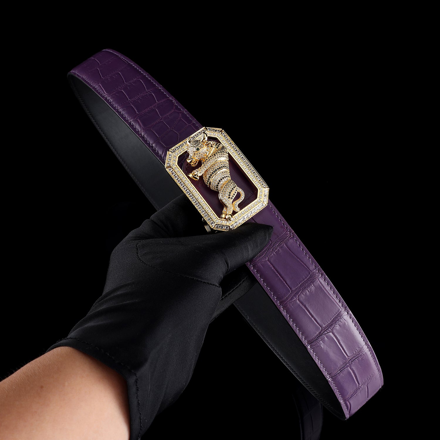 BELTLEY purple Crocodile hide Belt for Men with Bull Buckle