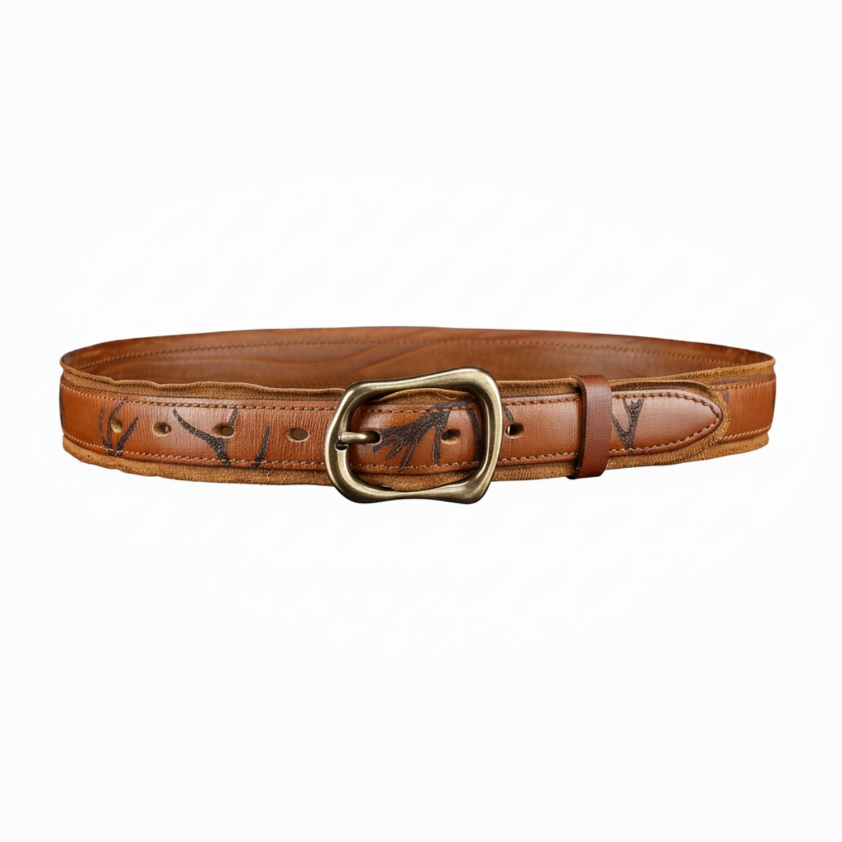 Beltley Artisan Stamped Leather Belt | Cognac Brown with Curved Brass Buckle