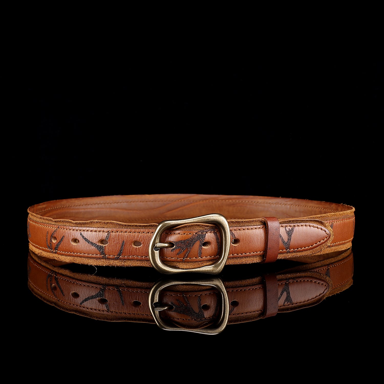 Beltley Artisan Stamped Leather Belt | Cognac Brown with Curved Brass Buckle